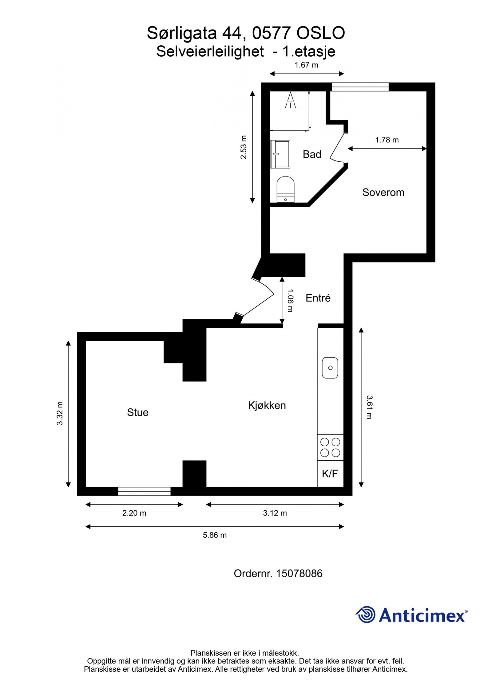 Plantegning. I tillegg disponerer leiligheten en kjellerbod på ca. 6m². Galleribilde