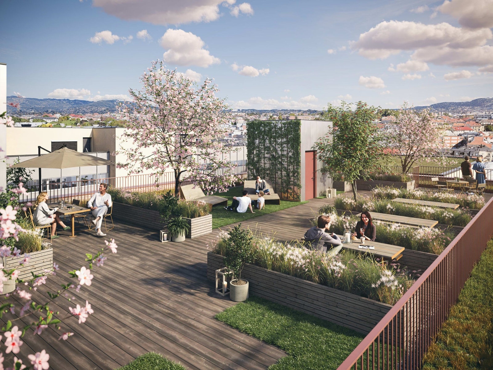 Illustrasjon | På toppen av Staffeldts etableres en grønn oase av en takterrasse. Denne deles opp i flere ulike soner, noe som gjør den til et skjermet og privat uterom for byggets beboere. Avvik kan forekomme. Galleribilde