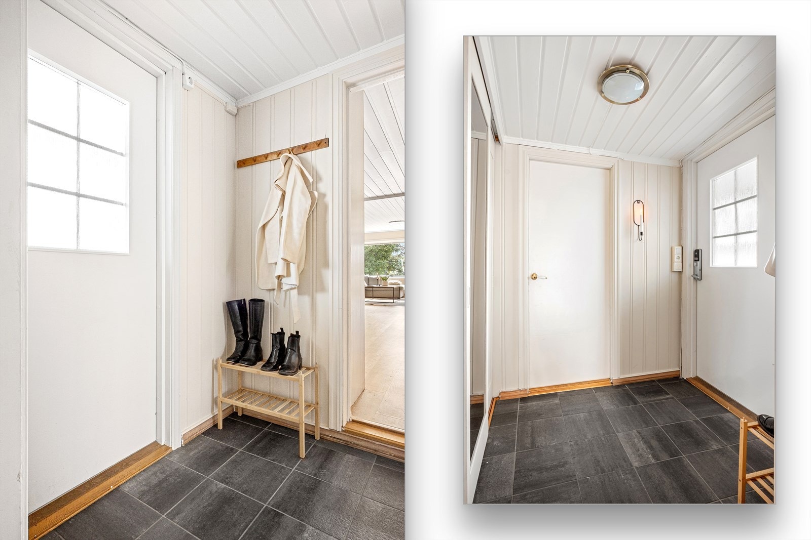 Velkommen inn i gang med skyvedørsgarderobe og oppheng til ytterklærne, samt tilgang til en praktisk bod. Galleribilde