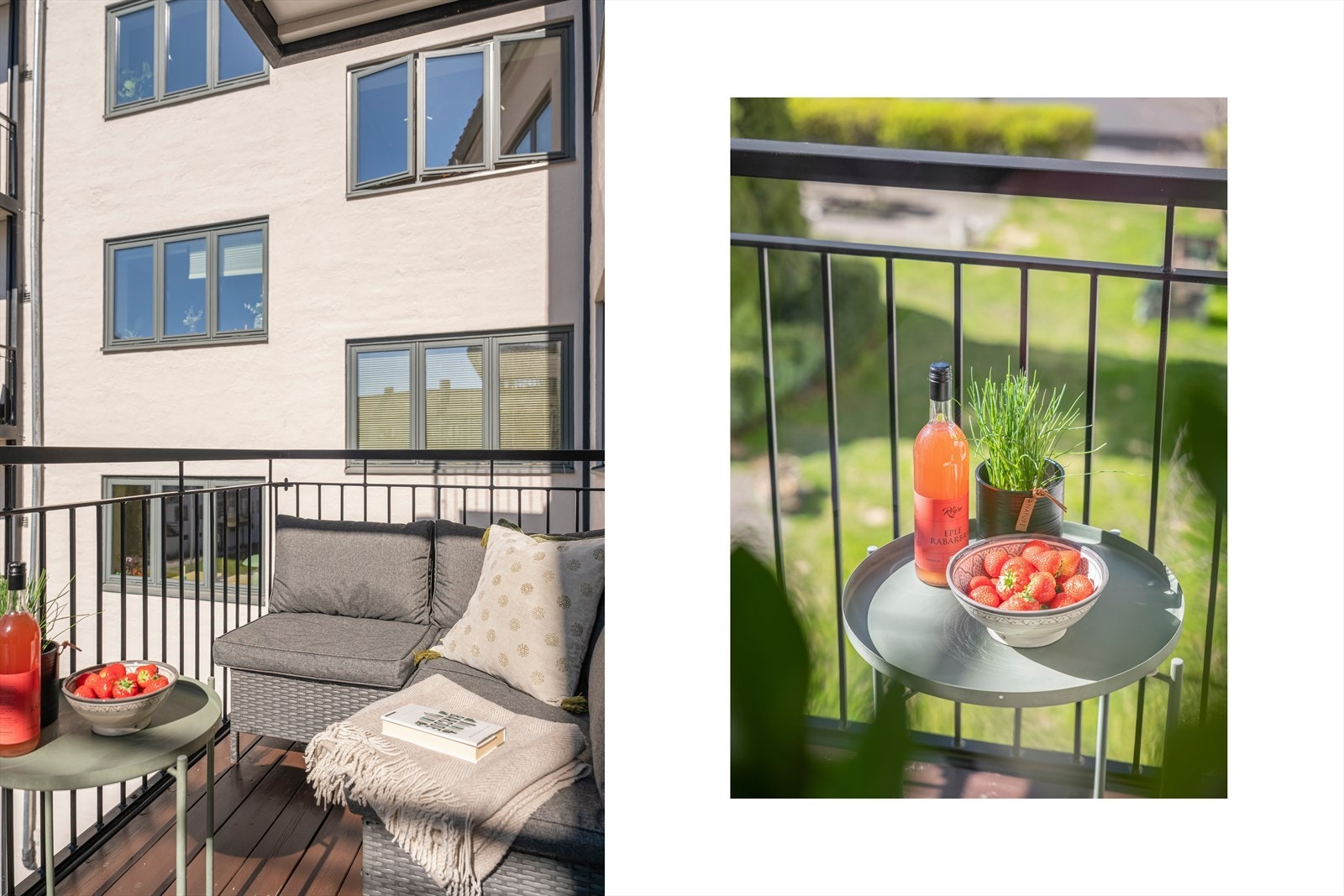 Balkongen vender ut mot et parkmessig opparbeidet fellesareal. Galleribilde