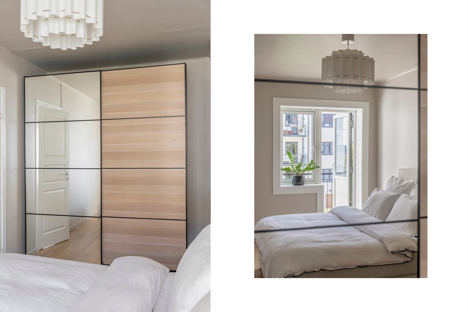 Gode oppbevaringsmuligheter i en romslig skyvedørsgarderobe med speilfront. Galleribilde