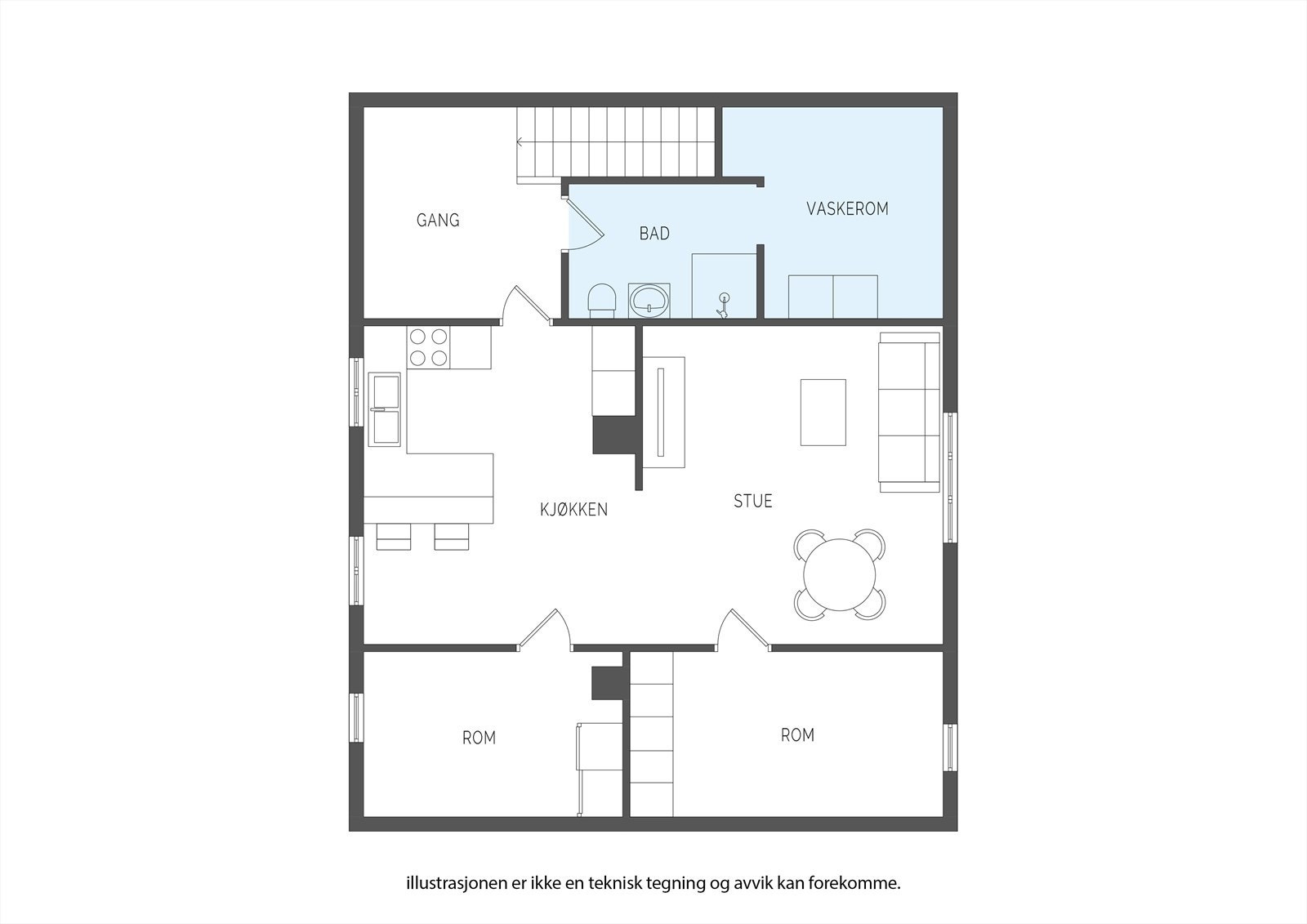 Andre etasje utgjør en egen boenhet på 67 m² med stue, kjøkken, bad, to innredede rom og en bod. Galleribilde