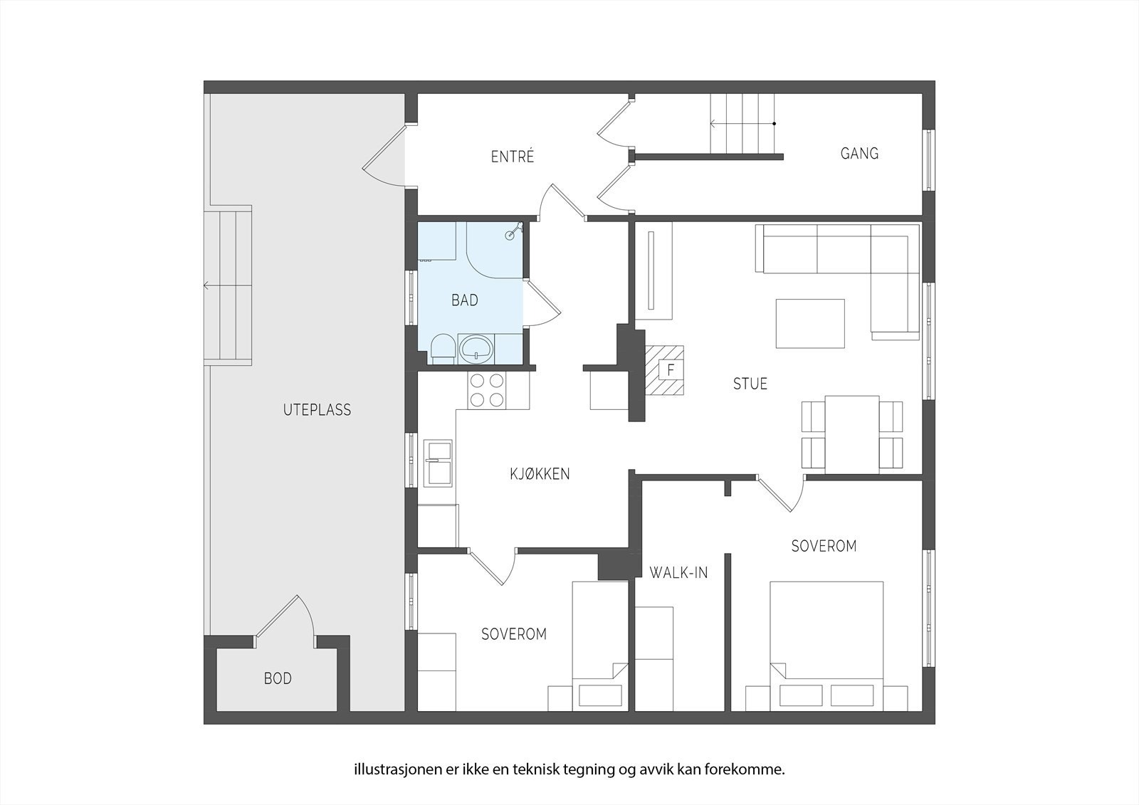 Boenheten i første etasje har et bruksareal på 76 m² og en gjennomtenkt planløsning med to soverom, stue, kjøkken, bad og et eget omkledningsrom. Galleribilde