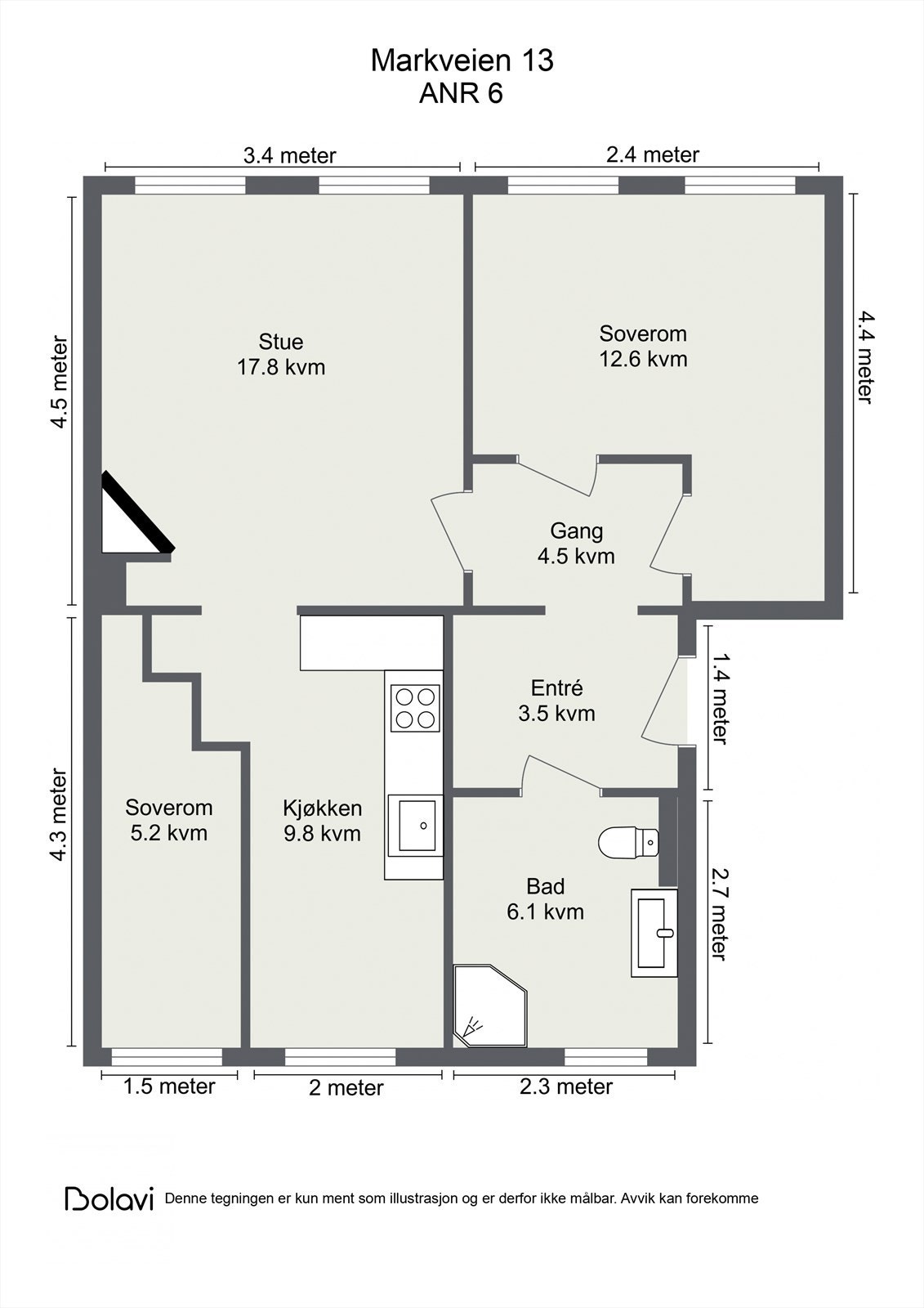 Leiligheten inneholder stue, kjøkken, 2 soverom, bad og entré. I tillegg disponerer leiligheten en kjellerbod. Galleribilde