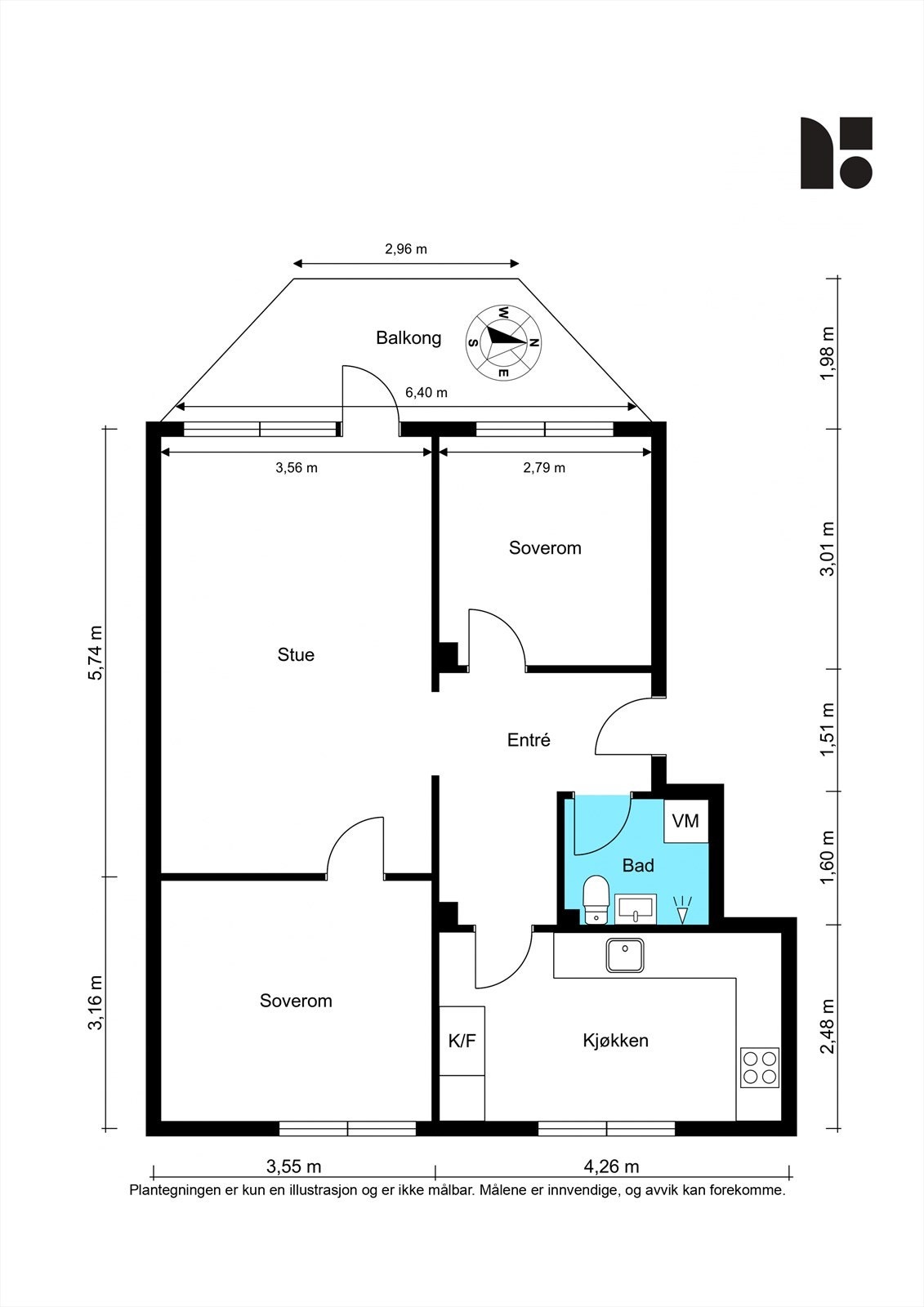 Leiligheten på 64 m² har en arealeffektiv planløsning med to soverom. I tillegg disponeres en kjellerbod på ca. 6 m² og en loftsbod med gulvareal på 11 m². Galleribilde