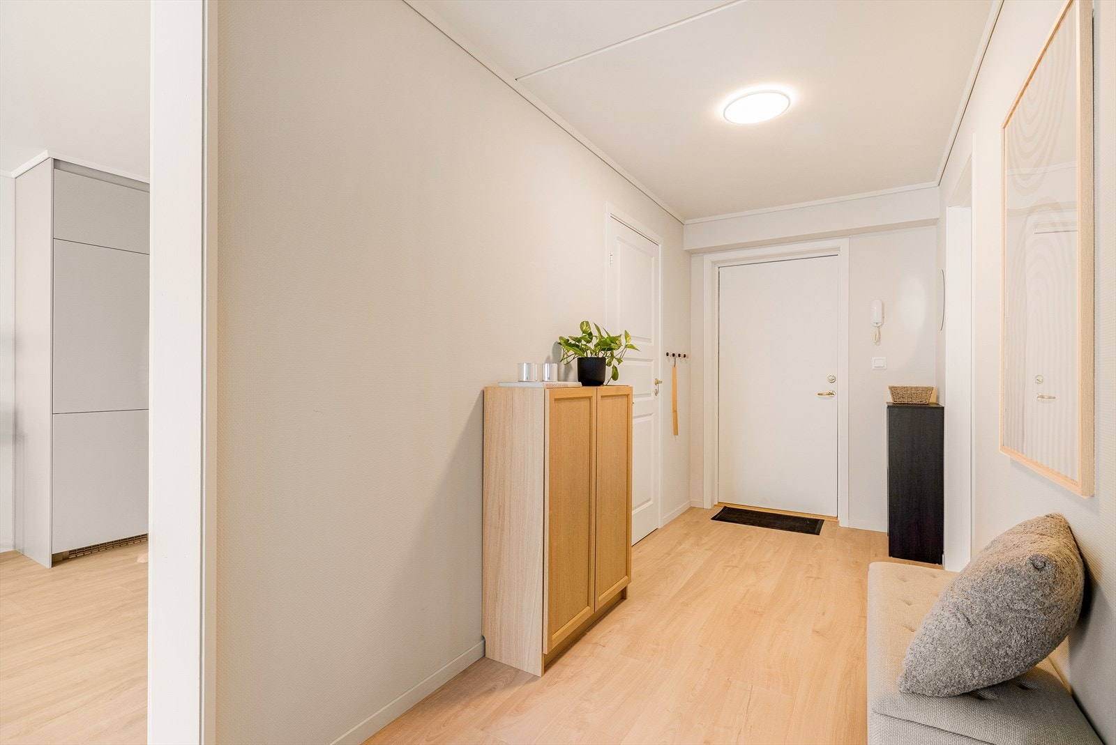 Entréen ønsker velkommen inn. Alle overflater, inkludert laminatgulv og malte vegger, er nye fra 2024. Galleribilde