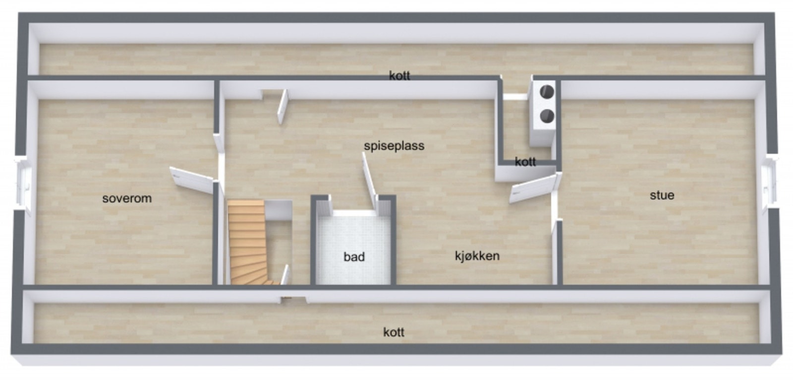 Loftetasjen er innredet med bad, stue/soverom, kjøkken, soverom og bod. Megler gjør oppmerksom på at loftsleiligheten ikke er byggemeldt og godkjent hos Gjøvik kommune. Galleribilde