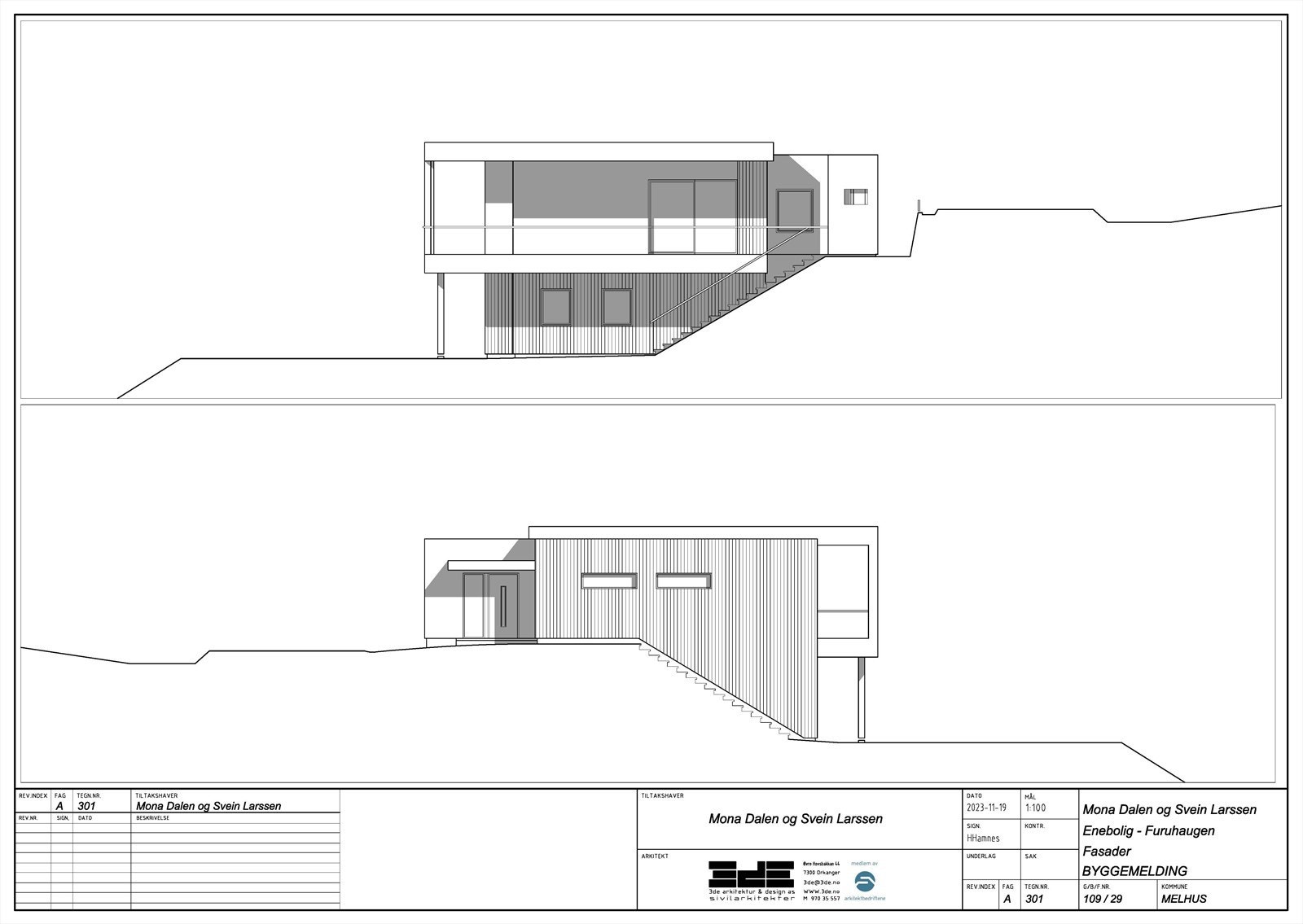 Fasader utarbeidet i forbindelse med utvikling av hus på tomta. Tegninger er skisser/ forslag og det er opp til kjøper å bestemme selv hvilket hus man vil ha innenfor gjeldende regulering. Galleribilde