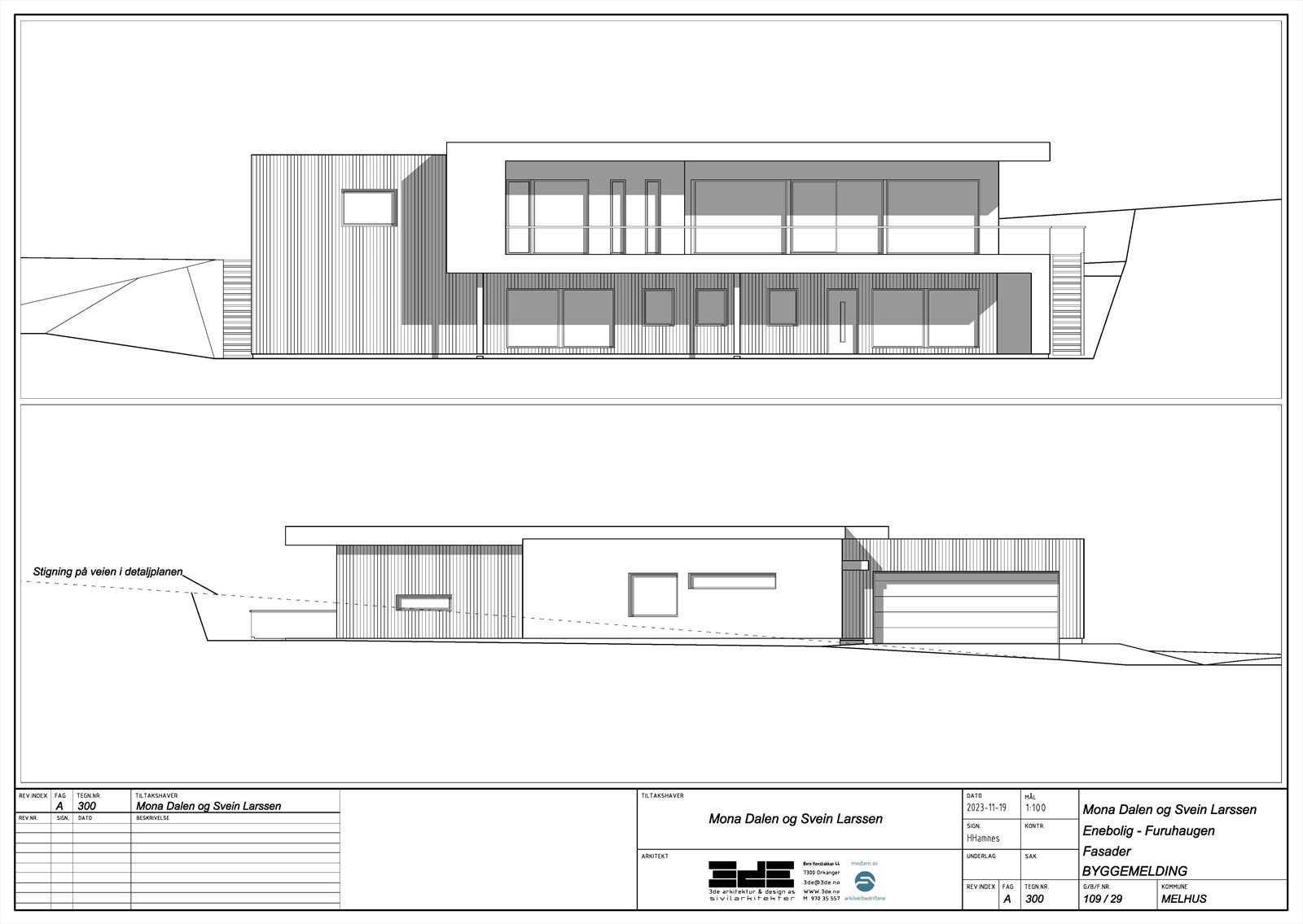 Fasader utarbeidet i forbindelse med utvikling av hus på tomta. Tegninger er skisser/ forslag og det er opp til kjøper å bestemme selv hvilket hus man vil ha innenfor gjeldende regulering. Galleribilde