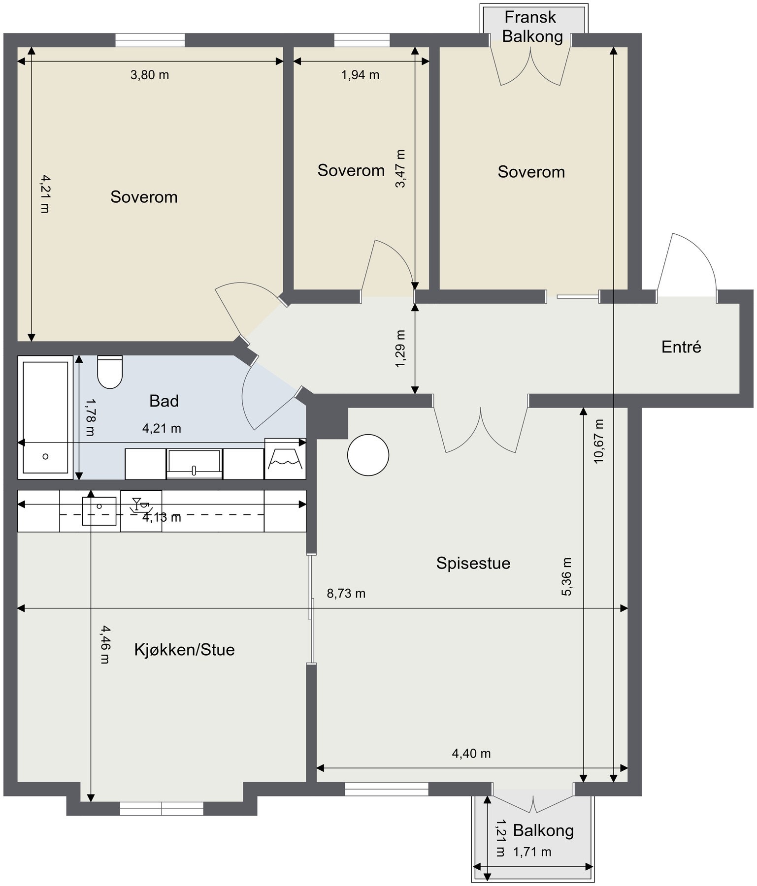 Alternativ planskisse med 3 soverom mot bakgård. Galleribilde
