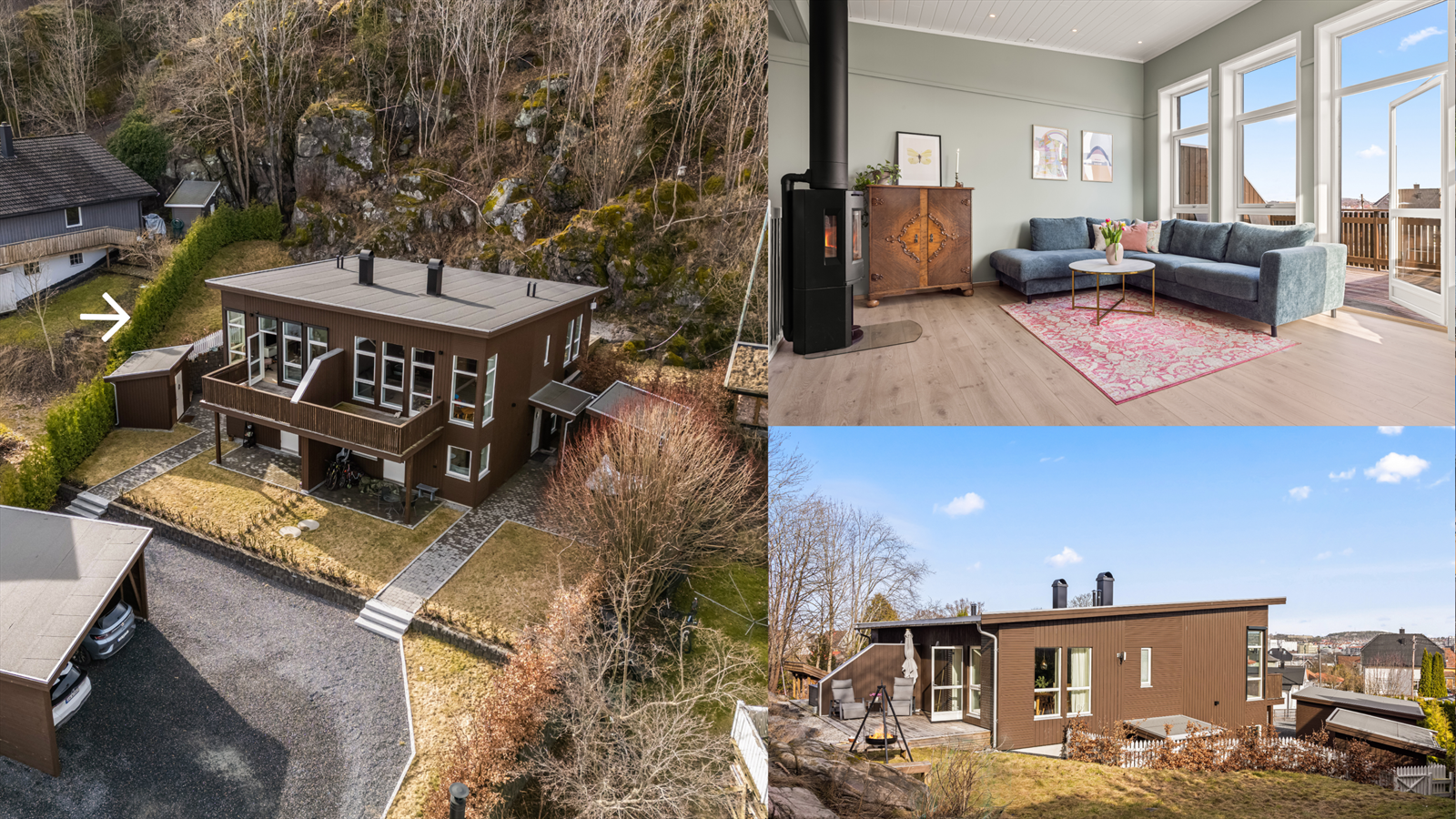 Boligen har en spennende planløsning over to plan med flere fine uteplasser og hage for å nevne noe. Galleribilde