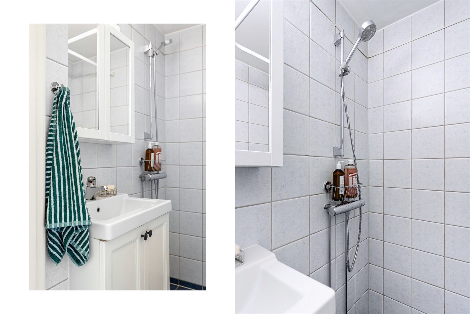 Detaljer fra det flislagte badet med gulvvarme. Galleribilde