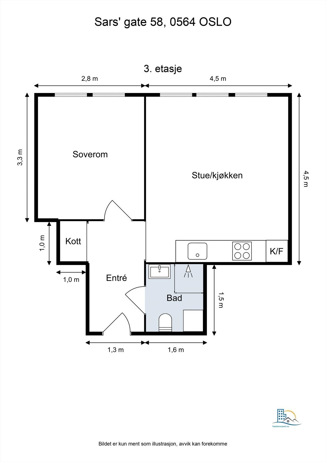 Leiligheten har en arealeffektiv planløsning på 36 m² som skiller soverommet fra den sosiale sonen med stue og kjøkken. Galleribilde