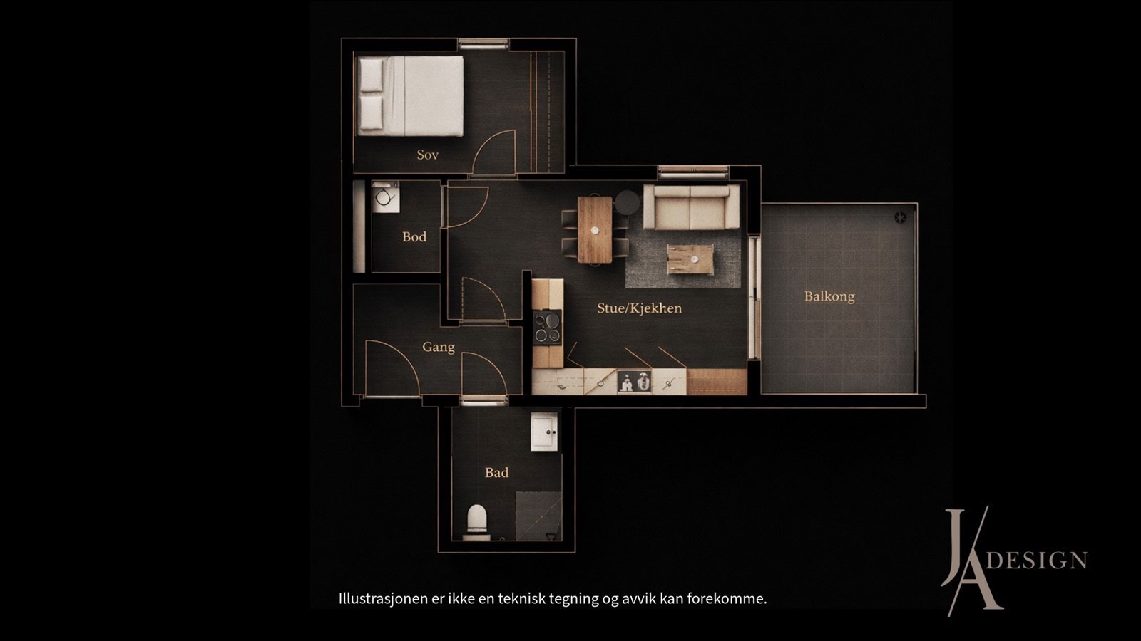 Leiligheten har en arealeffektiv planløsning på 44 m² BRA-i. Galleribilde