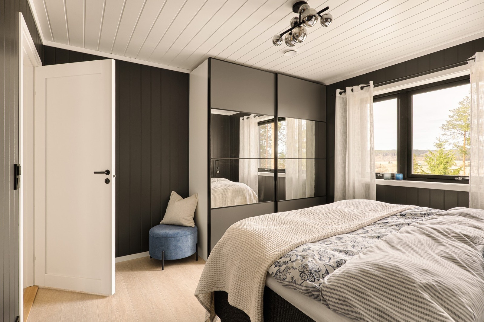 Hovedsoverommet er malt i en dyp, sort fargetone som gir rommet et rolig og lunt preg, perfekt for gode netter og en avslappende atmosfære. Galleribilde