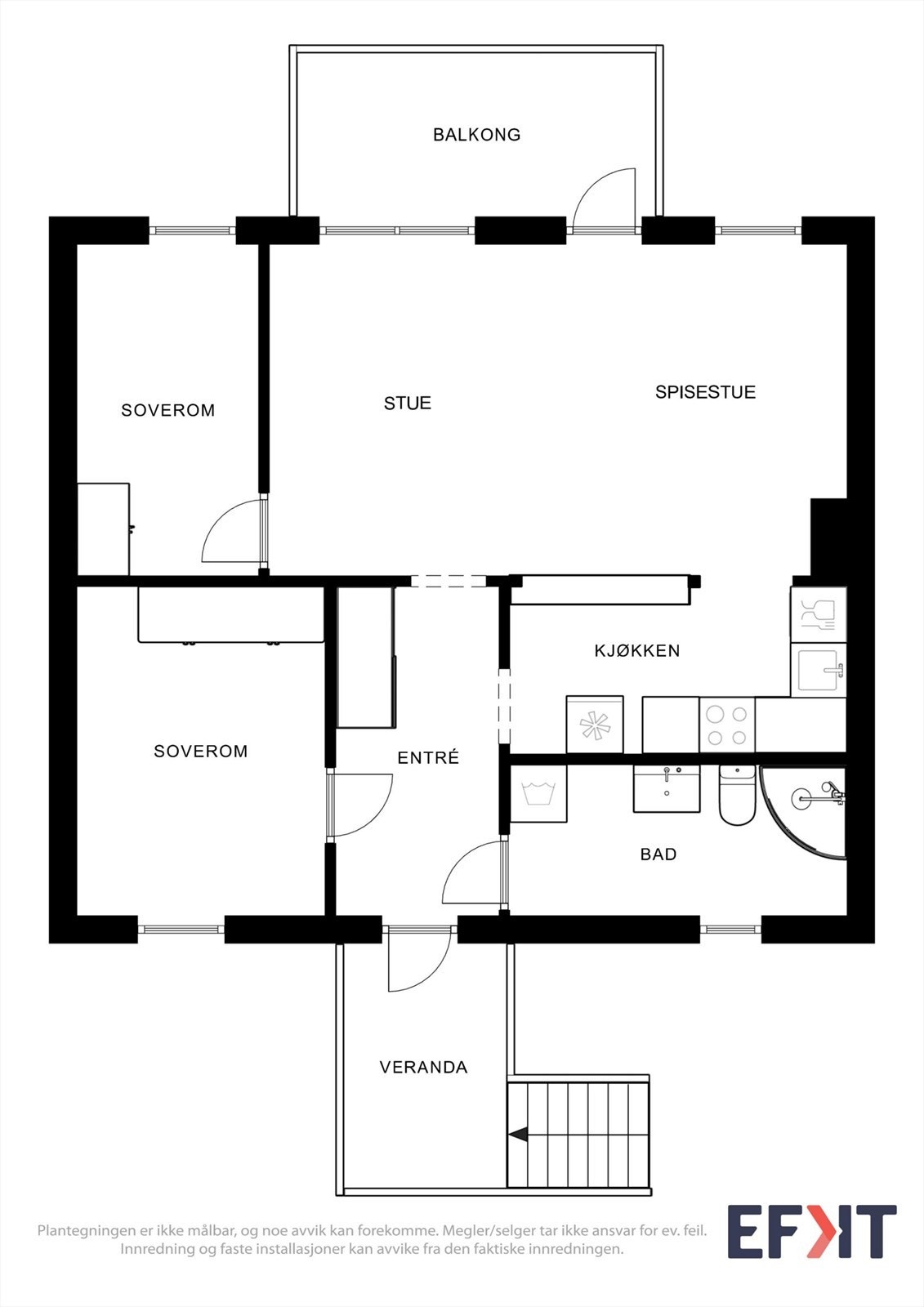 Leiligheten har en arealeffektiv planløsning med to soverom og åpen stue- og kjøkkenløsning. En ekstern bod på 5 m² medfølger. Galleribilde