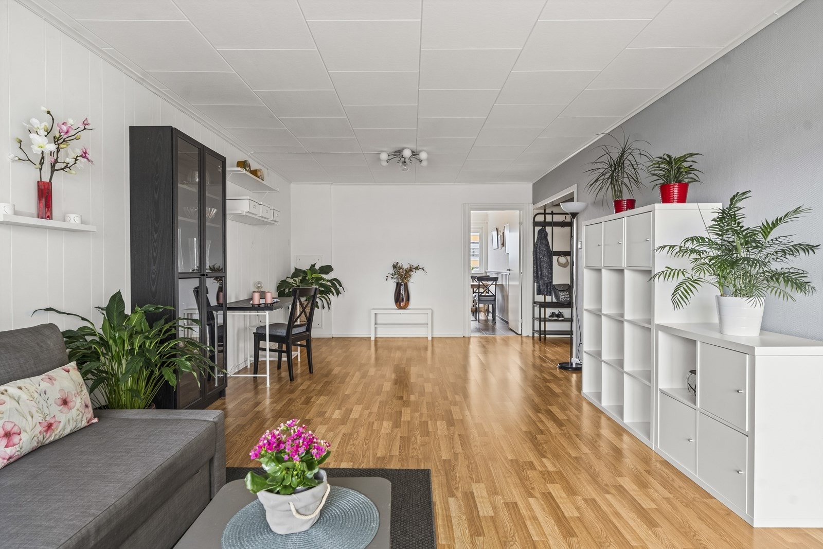 Rommet har god plass til sofaseksjon, tv-møbel og spisegruppe. Galleribilde