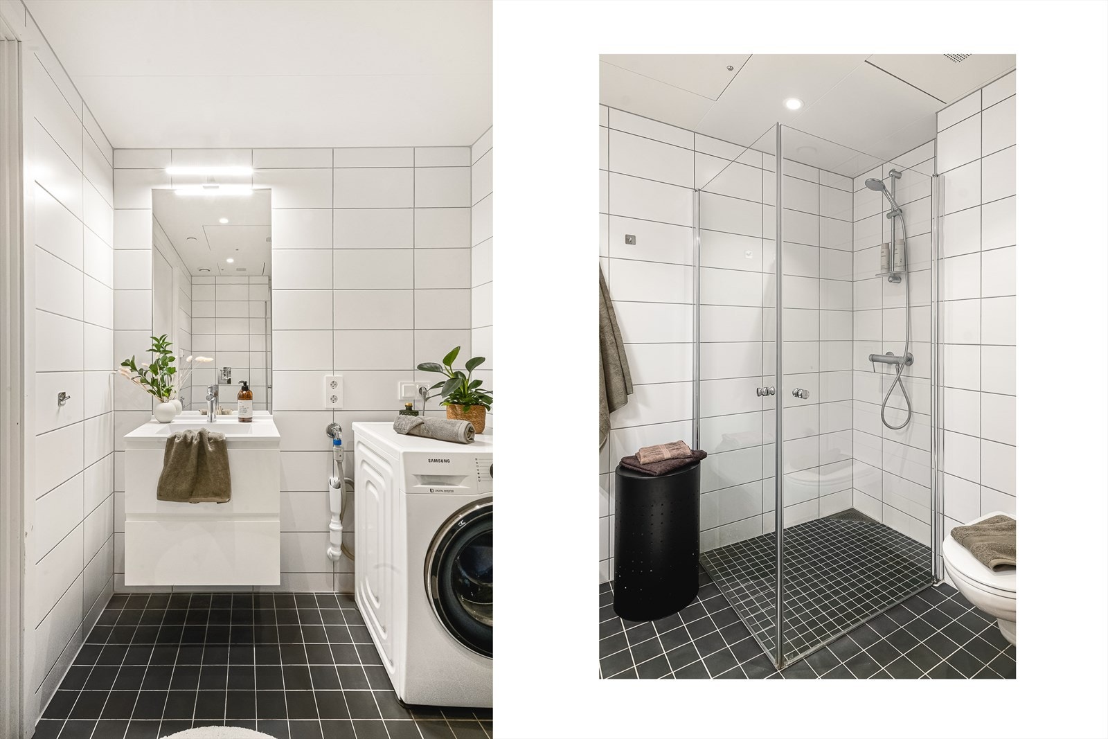 Badet er innredet med vegghengt toalett, dusj og servant møblement med speil. Vaskemaskin kan medfølge om ønskelig. Galleribilde