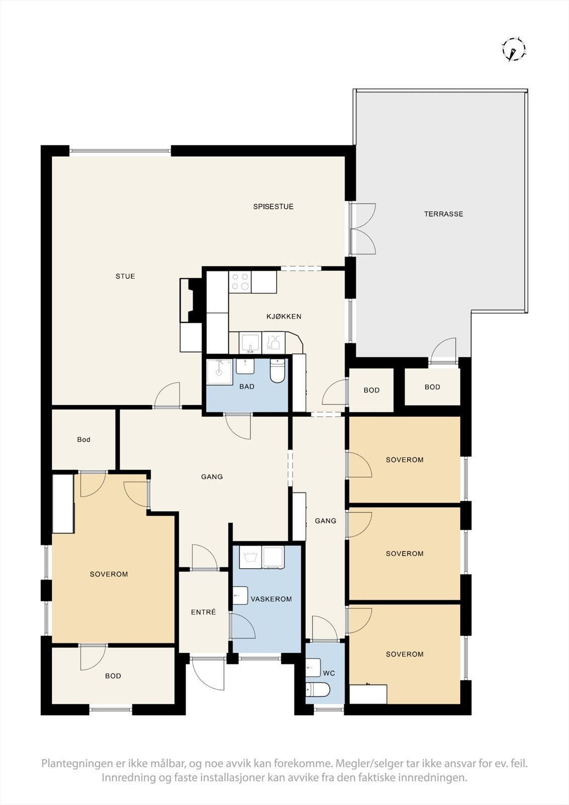 Boligen har en familievennlig planløsning med fire soverom og romslige oppholdsrom samlet på ett plan. Galleribilde