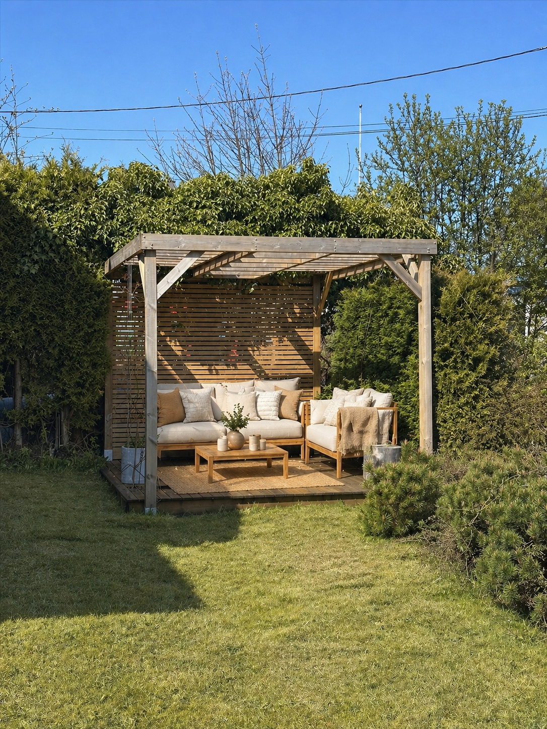 Det er også en egen pergola, illustrert med møblering, som viser hvordan uteplassen kan skape en lun og innbydende atmosfære for både avslapning og sosiale sammenkomster. Galleribilde