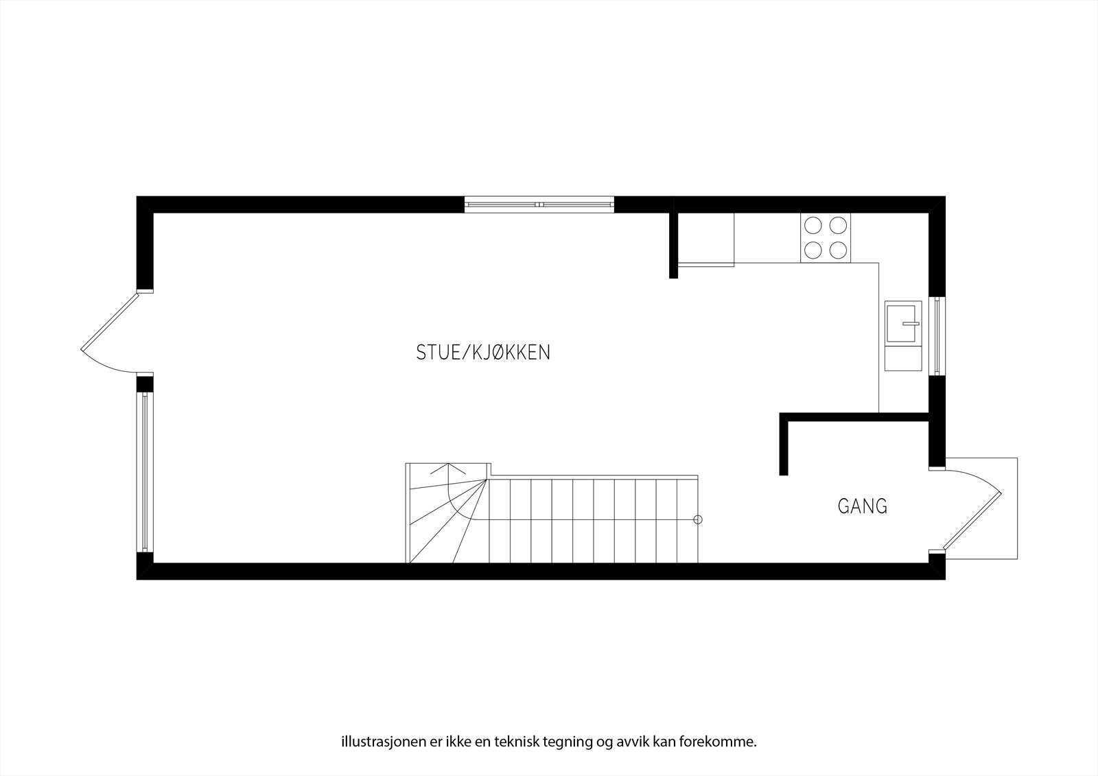 Første etasje er boligens sosiale sone, med en åpen stue- og kjøkkenløsning og inngangsparti. Hele etasjen har vannbåren varme i gulvet. Galleribilde