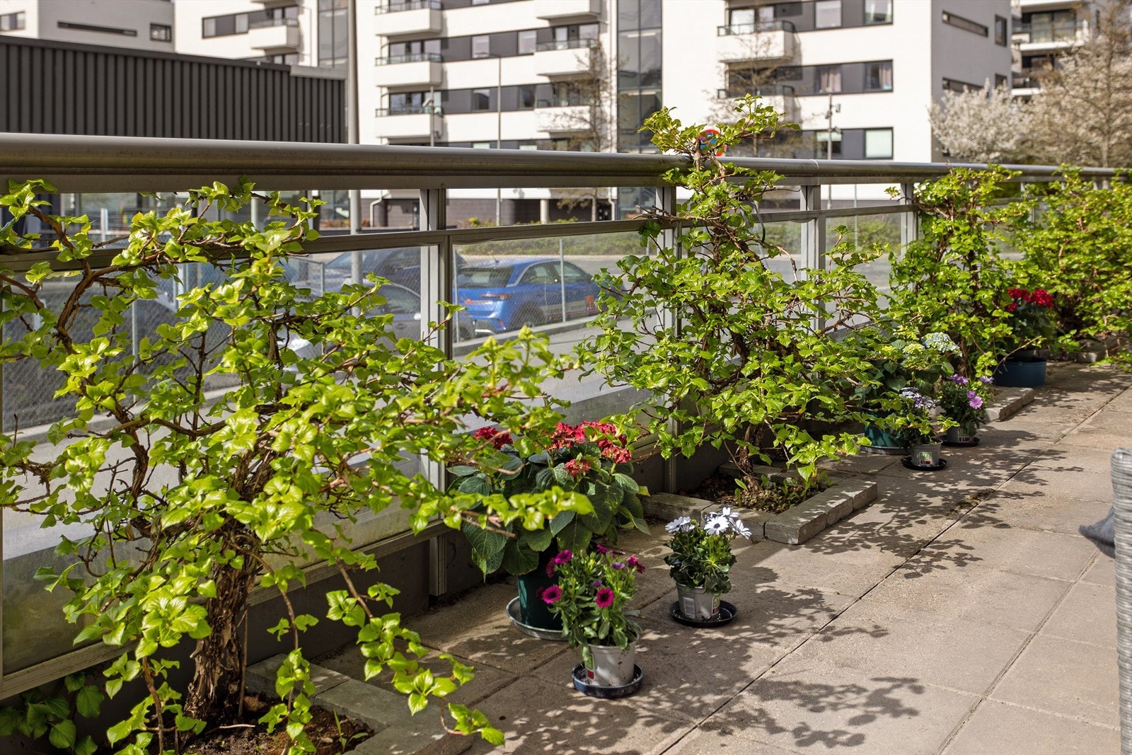 Den romslige terrassen på ca. 20 m² er sydvestvendt og blir en naturlig forlengelse av stuen. Galleribilde