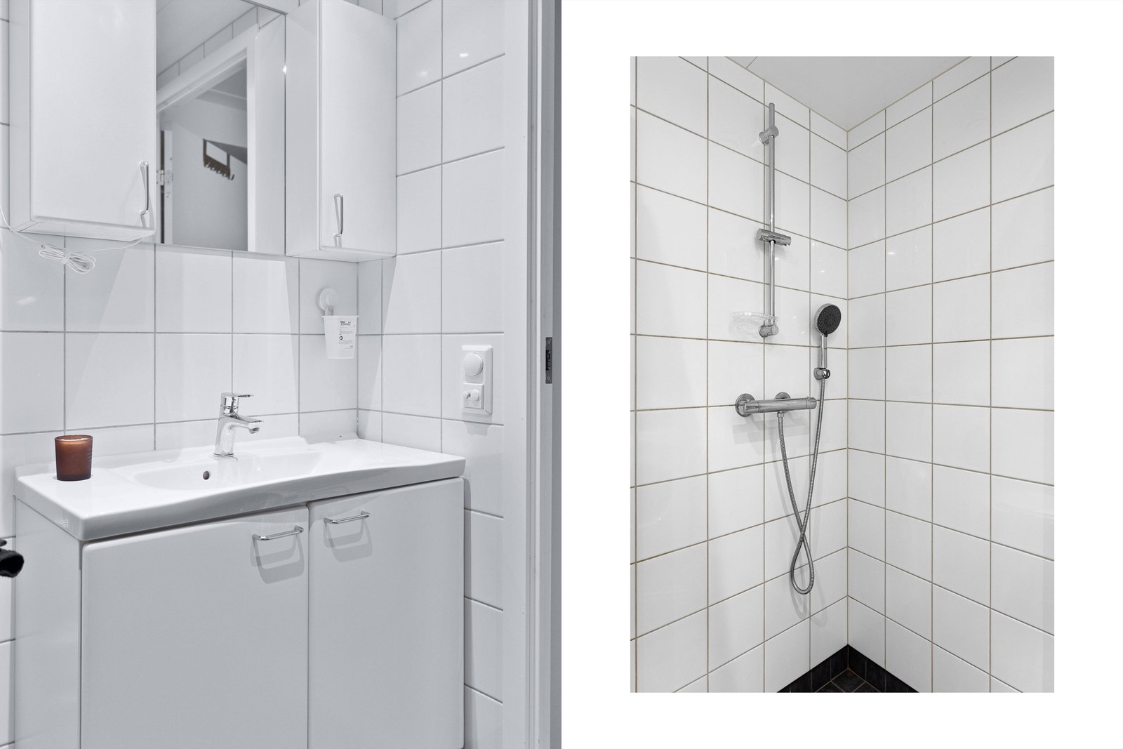 Badet er innredet med dusjhjørne med svingbare glassdører og vegghengt toalett. Galleribilde