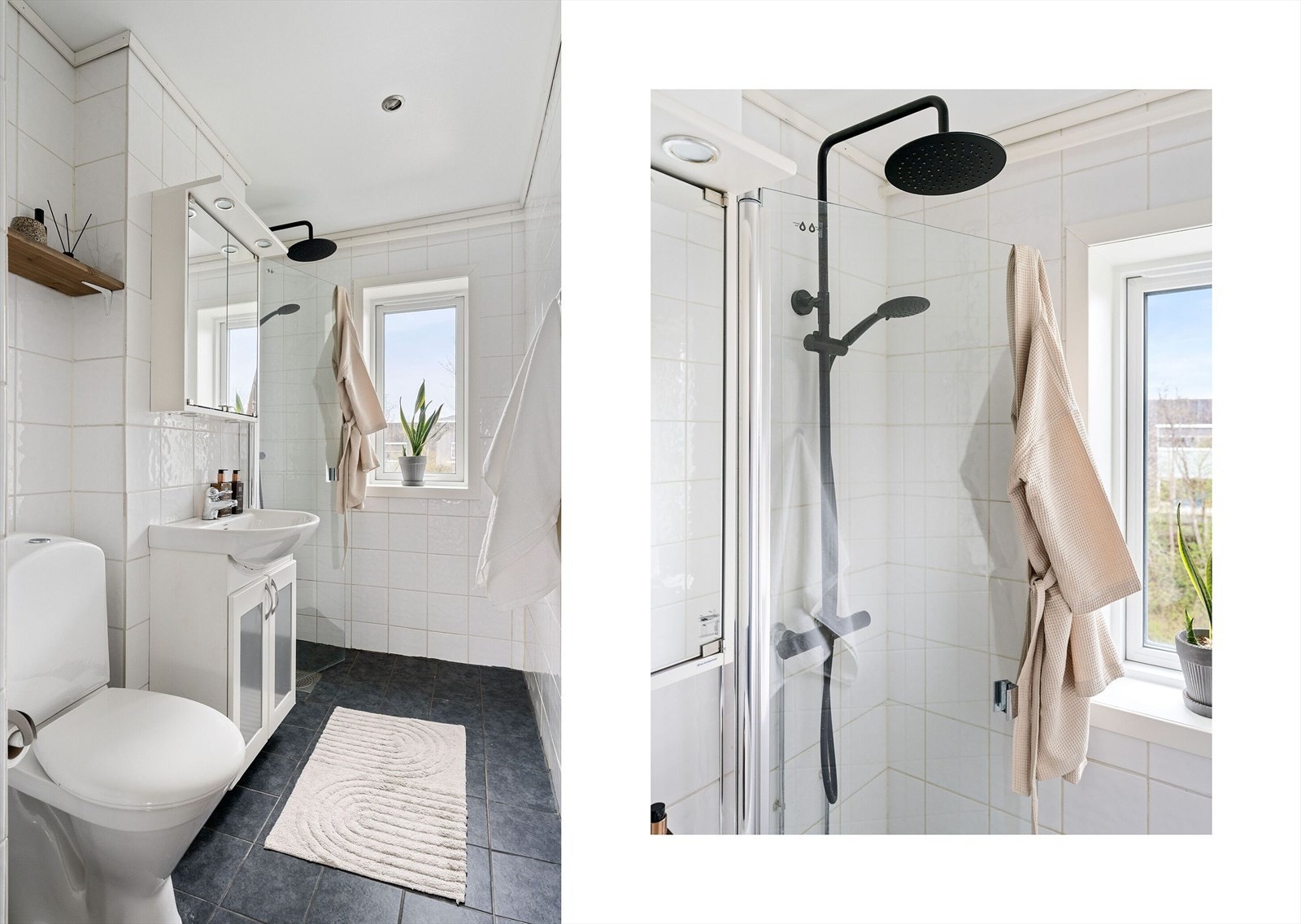 Badet har flislagte overflater, gulvvarme og downlights i himling. Rommet er innredet med dusjnisje, toalett, speilskap og servant med oppbevaring. Galleribilde