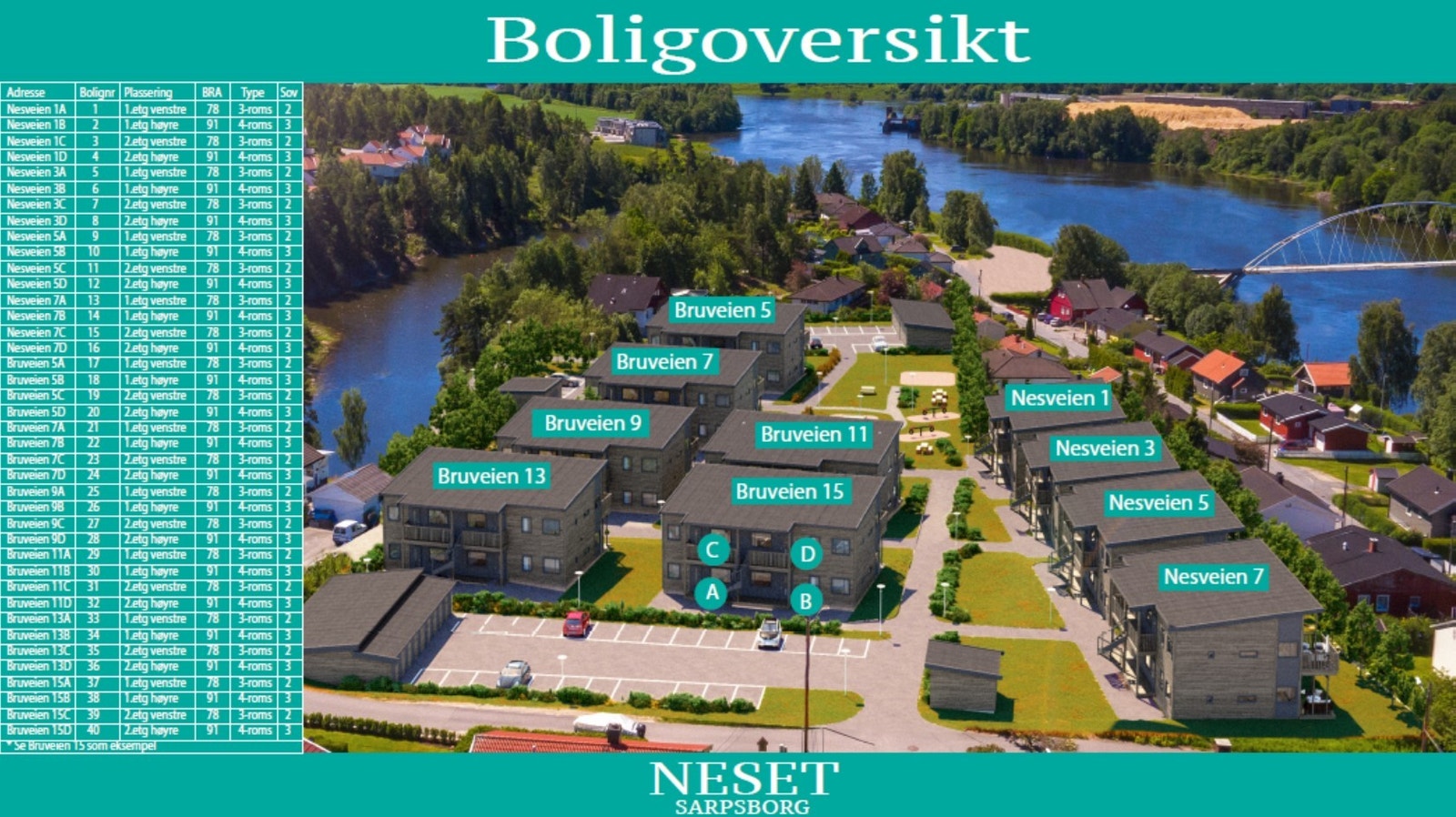 Boligoversikt med info om adresse, bolignr/seksjonsnr, plassering sett fra bakside, BRA, type leilighet og antall soverom Galleribilde
