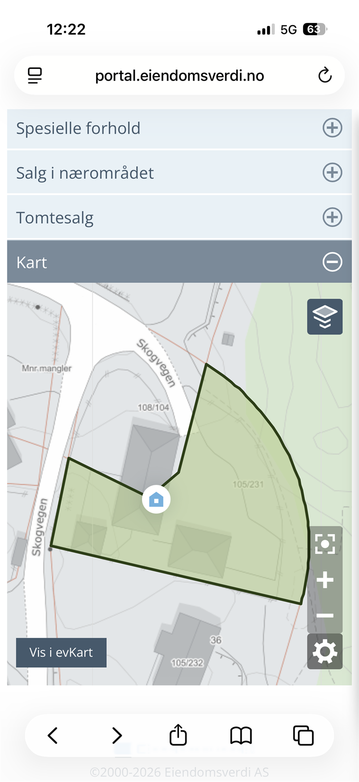 Eiet tomt som består av to teiger - gnr. 105, bnr. 231 og gnr. 108, bnr. 104. Galleribilde