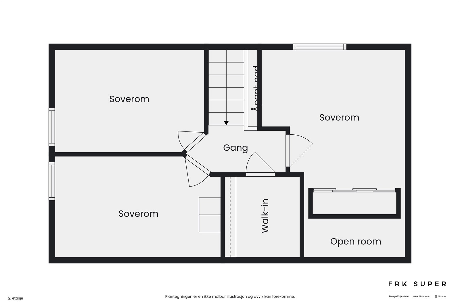 Loftsetasjen er boligens soveavdeling med tre romslige soverom og en praktisk garderobe/bod. Galleribilde