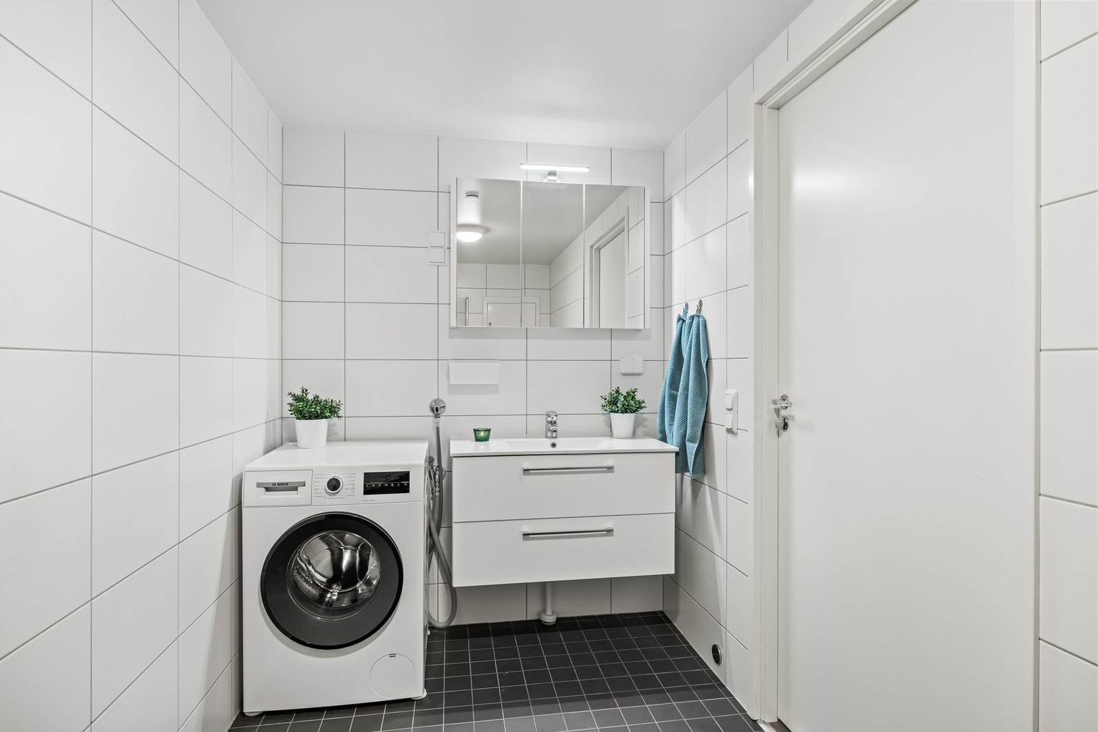 Her er det servantinnredning, speilskap med belysning og opplegg for vaskemaskin. Galleribilde