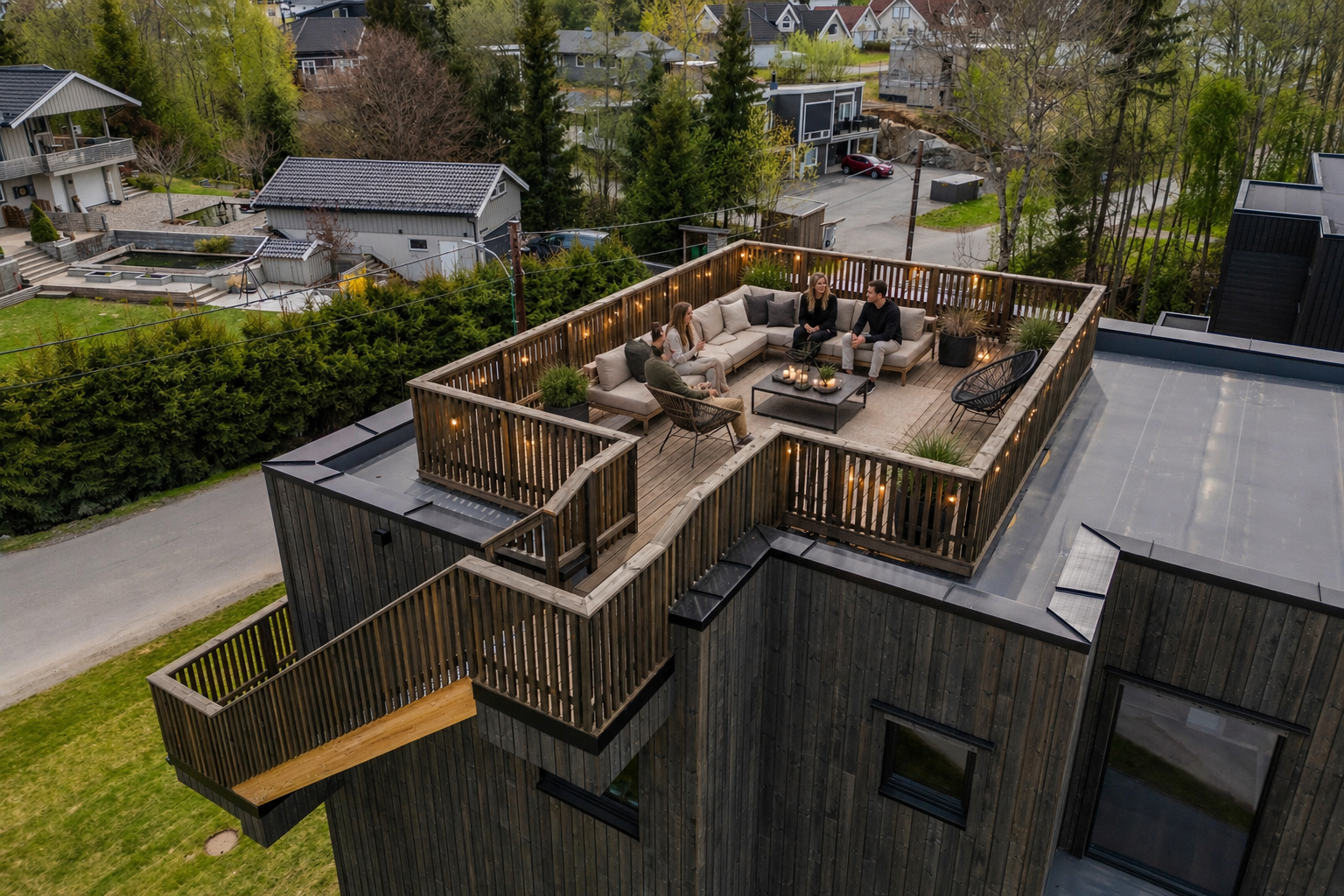 Romslig takterrasse hvor man kan nyte fine sommer dager med familie og venner. Illustrasjon. Galleribilde