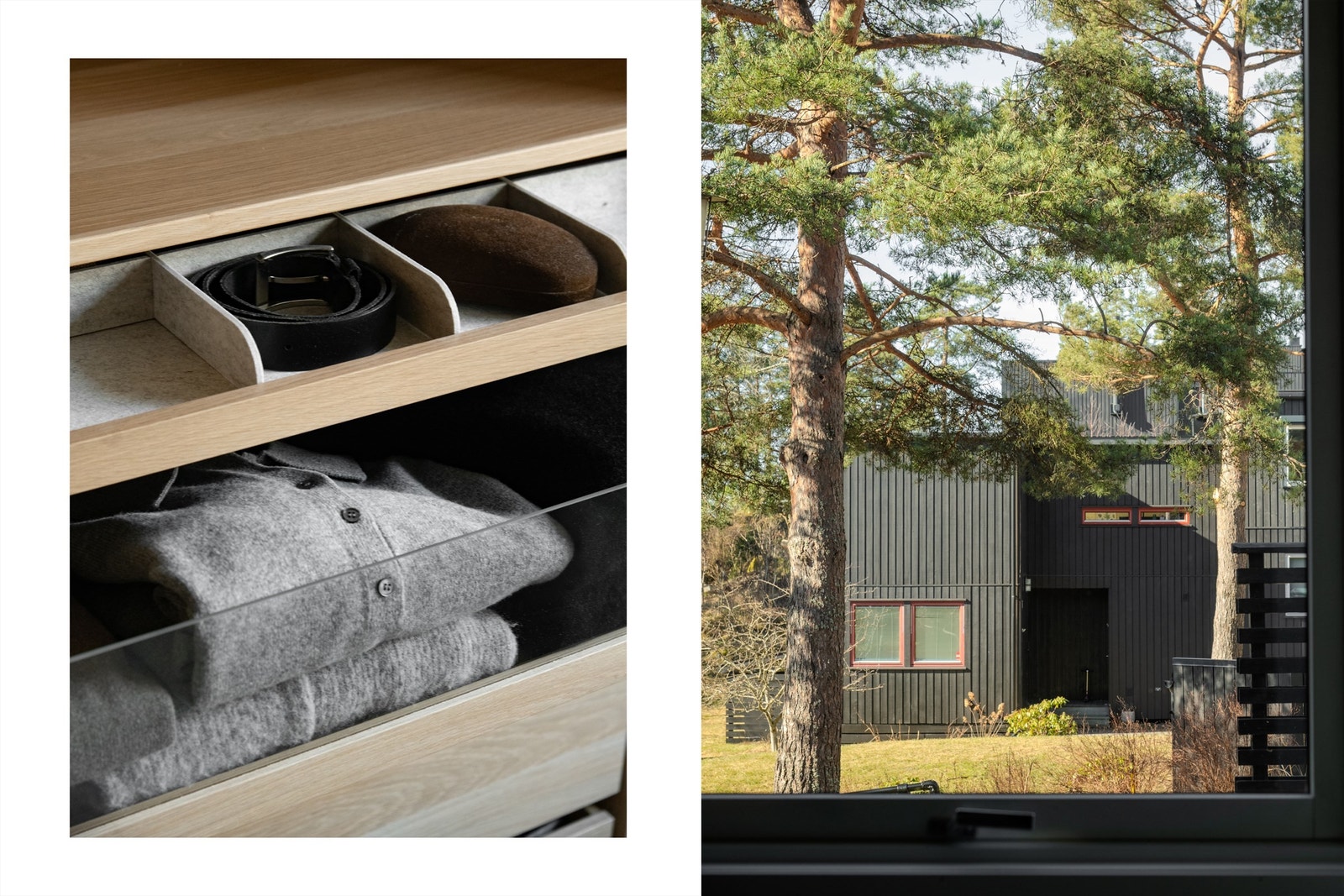 Detaljer fra garderobe og utsikt fra soveromsvindu. Galleribilde