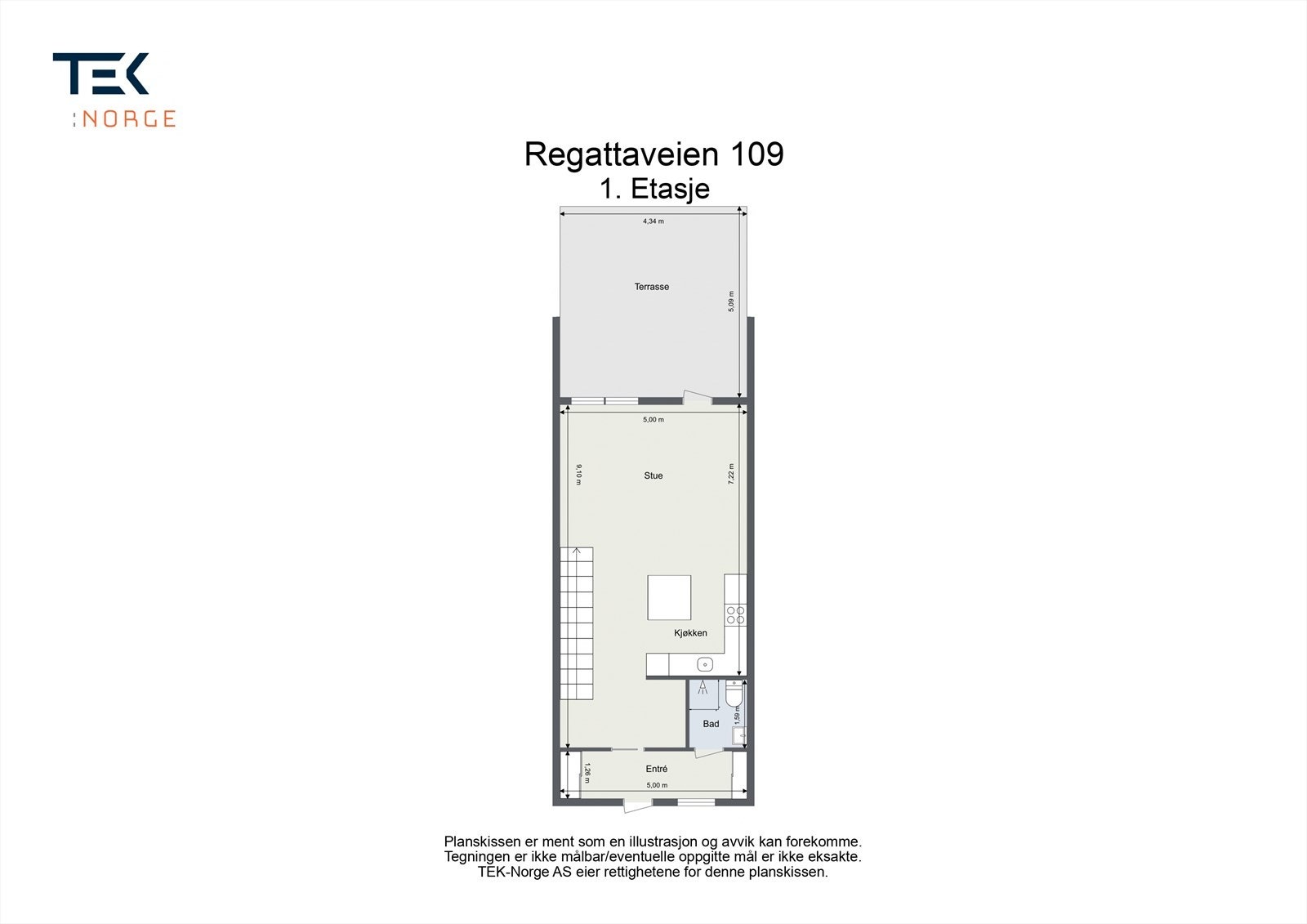 Første etasje på 53 m² består av entré, bad og en åpen stue- og kjøkkenløsning med utgang til terrassen. Galleribilde