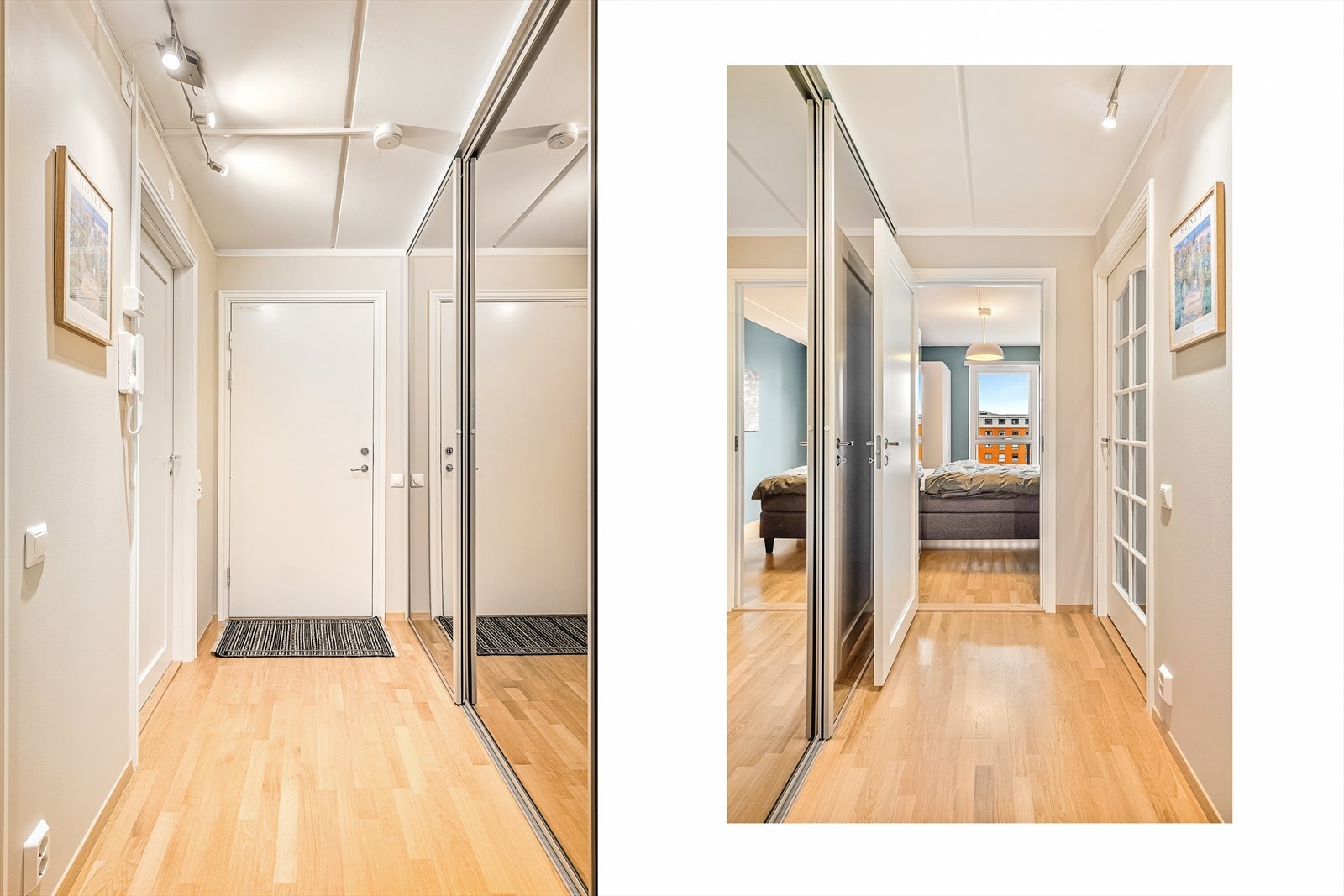 Velkommen inn! Det første som møter deg er en romslig entré med stor skyvedørsgarderobe, som gir gode oppbevaringsmuligheter. Galleribilde