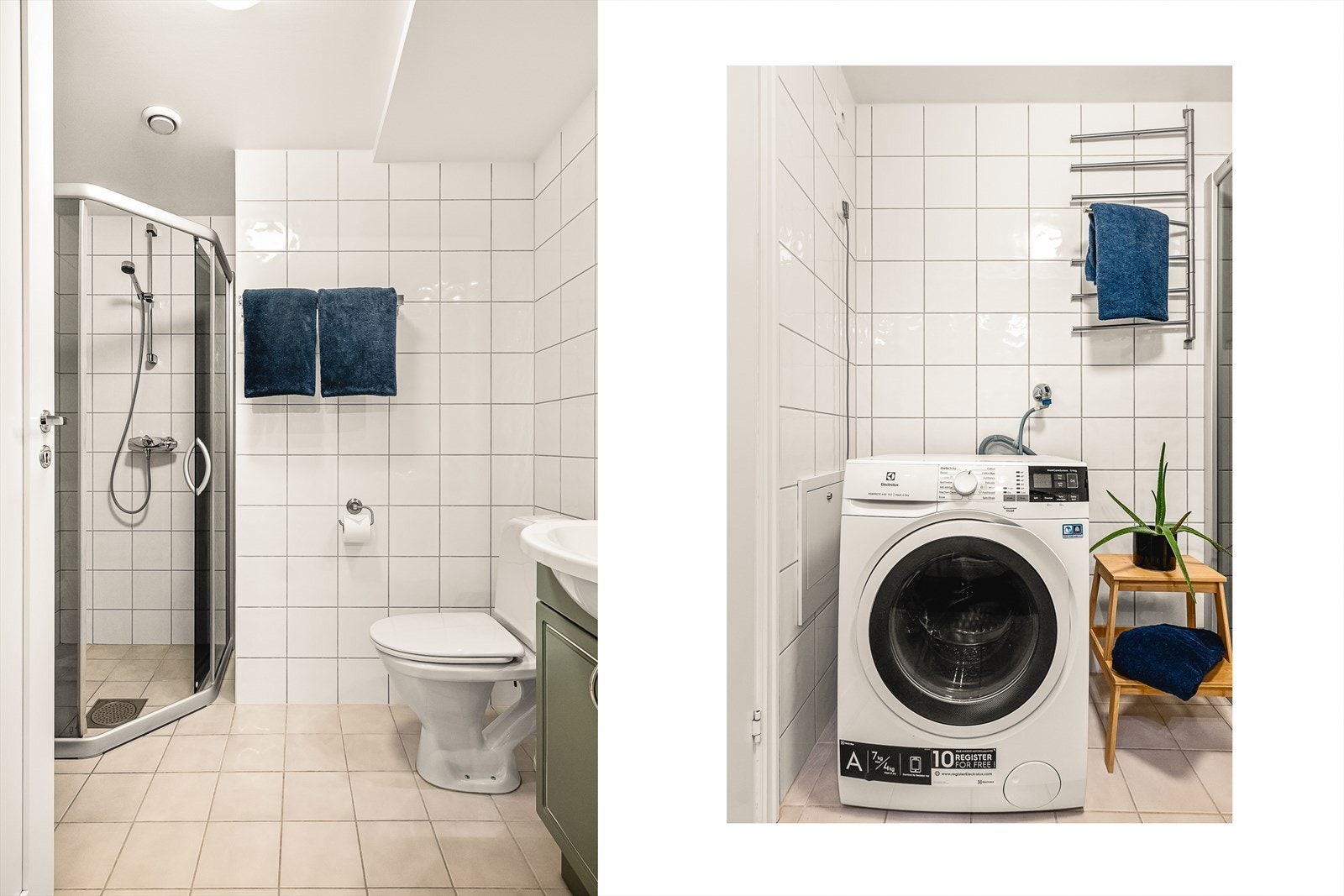Gode kvaliteter med stor baderomsinnredning, dusjhjørne med skyvbar dør i herdet glass, samt opplegg for vaskemaskin og kondenstørketrommel. Galleribilde