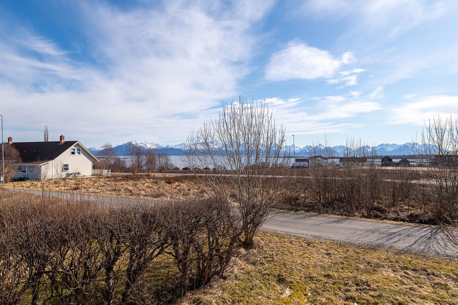 Opparbeidet tomt med plen og beplantning. Fin utsikt mot hav og fjell. Galleribilde