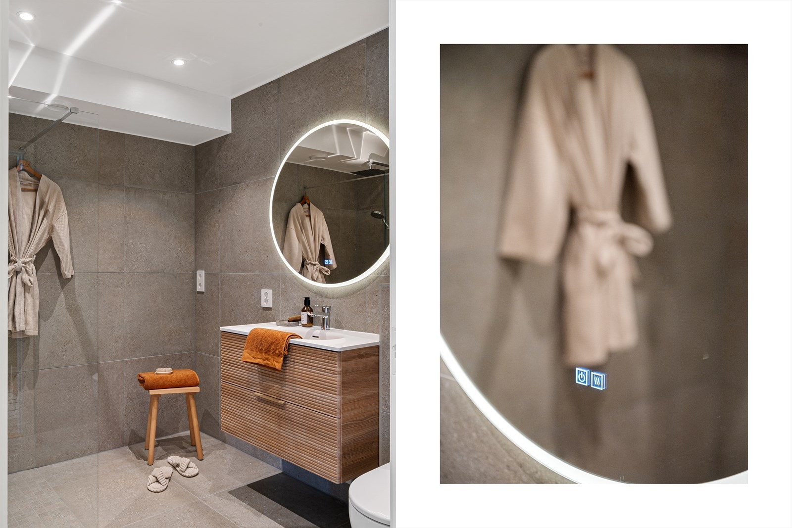 - Badet måler 4,8m² og er innredet med vegghengt toalett, heldekkende servant, dusjvegg i glass, opplegg for vaskemaskin og fordelerskap til "rør i rør" vannforsyning - Galleribilde
