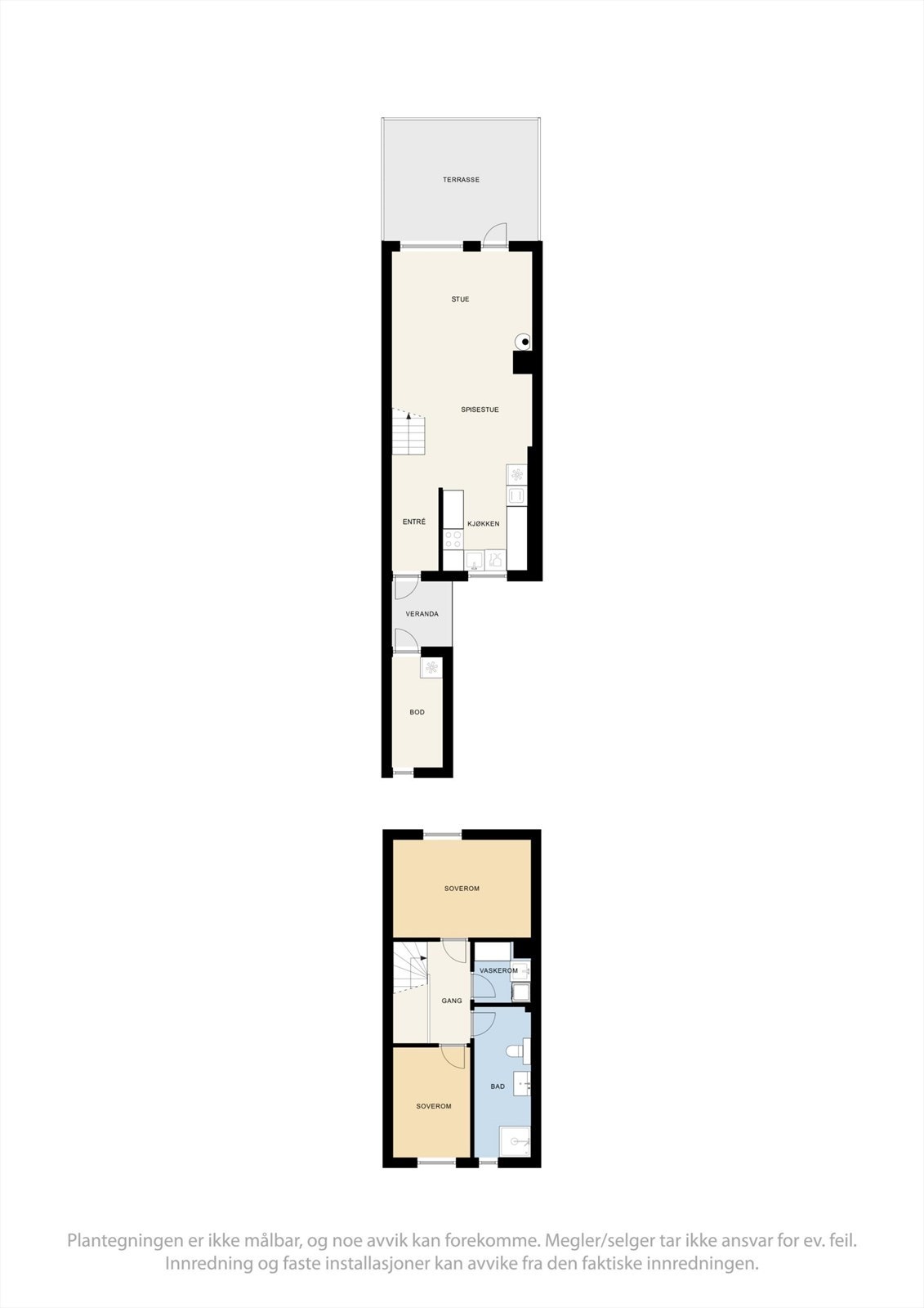 Boligen har en effektiv planløsning over to plan, med sosiale soner i første etasje og en privat soveromsavdeling i andre. Galleribilde