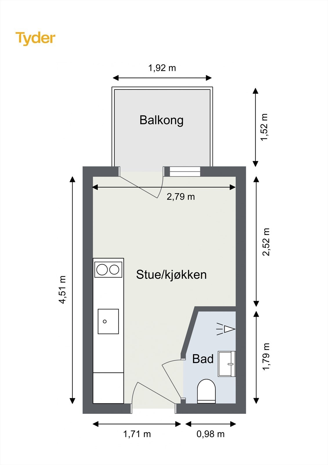 Plantegning. Leiligheten disponerer en bod i kjeller på 1 m². Galleribilde