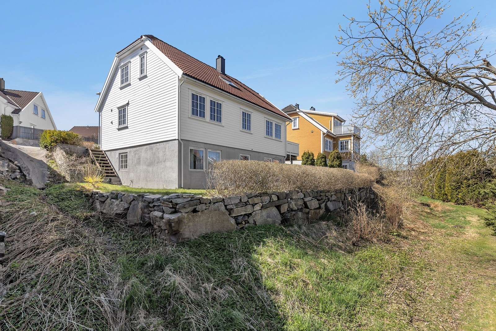 Tomten er opparbeider med gressplen og diverse beplantning Galleribilde