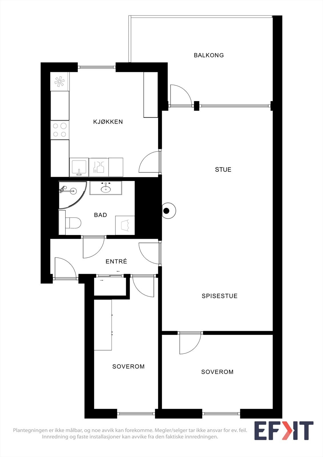 Leiligheten har en effektiv planløsning på 65 m² med to soverom, separat kjøkken og stue med utgang til altan. Galleribilde