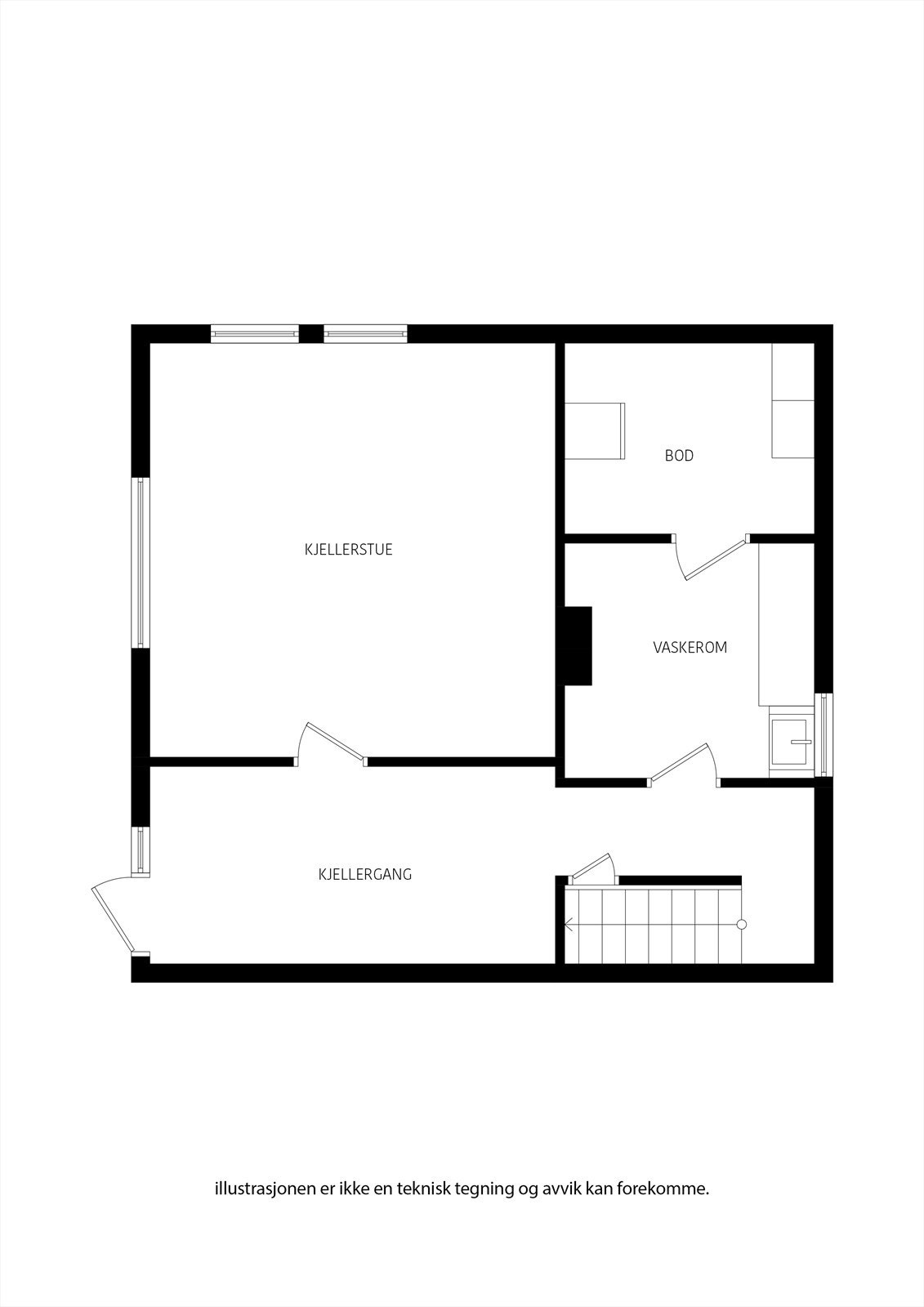 Kjelleren inneholder kjellerstue, vaskerom, bod og egen inngang. Galleribilde