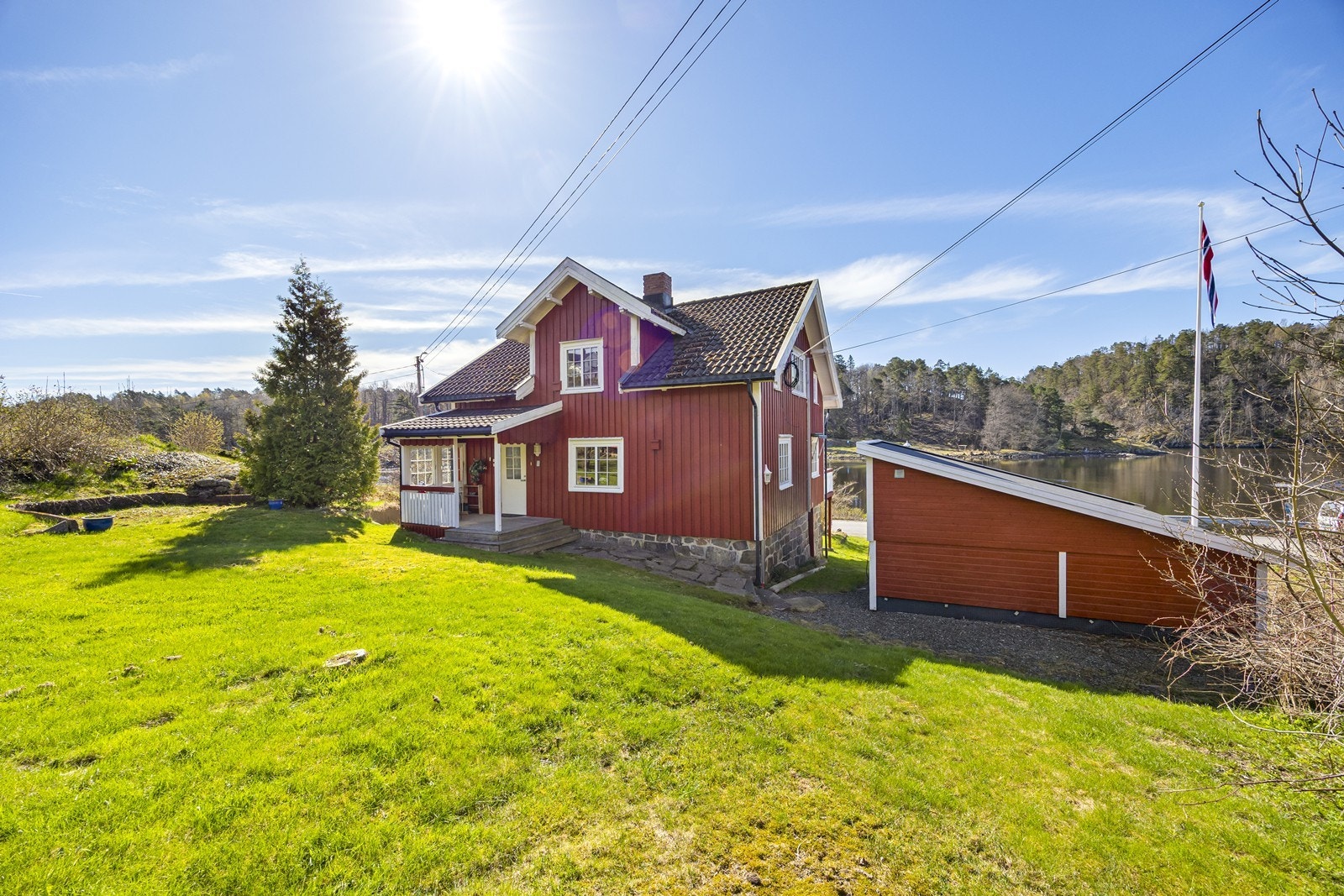 Huset sett fra hagen. Praktisk takoverbygg ved inngangsparti. Galleribilde