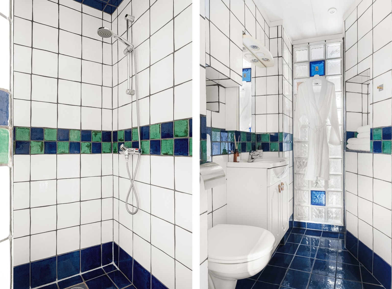 Badet er innredet med vegghengt toalett, dusjnisje og baderomsmøblement med speil og belysning. Galleribilde