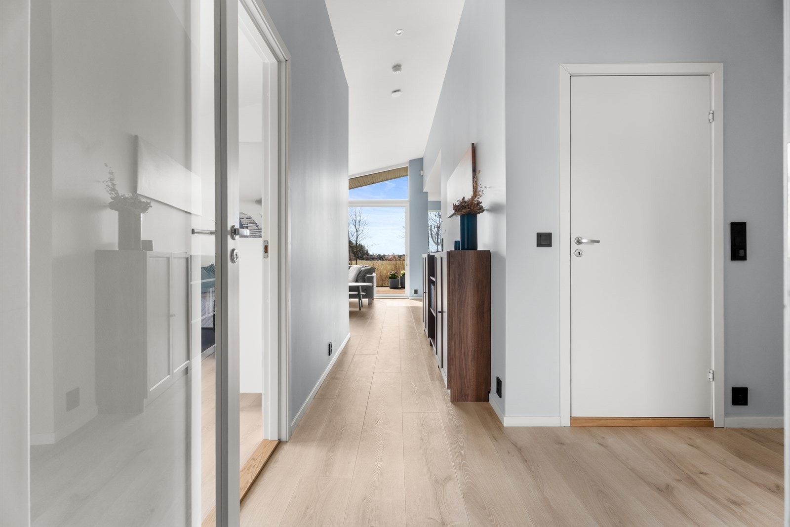 En dør med glassfelt mellom gangen og stuen bidrar til å slippe lyset gjennom boligen. Galleribilde