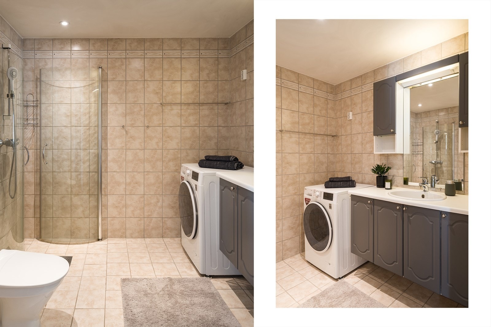 Badet fremstår som velholdt og pent, med downlights i himlingen, beige fliser på veggene og matchende fliser på gulv med gulvvarme. Galleribilde