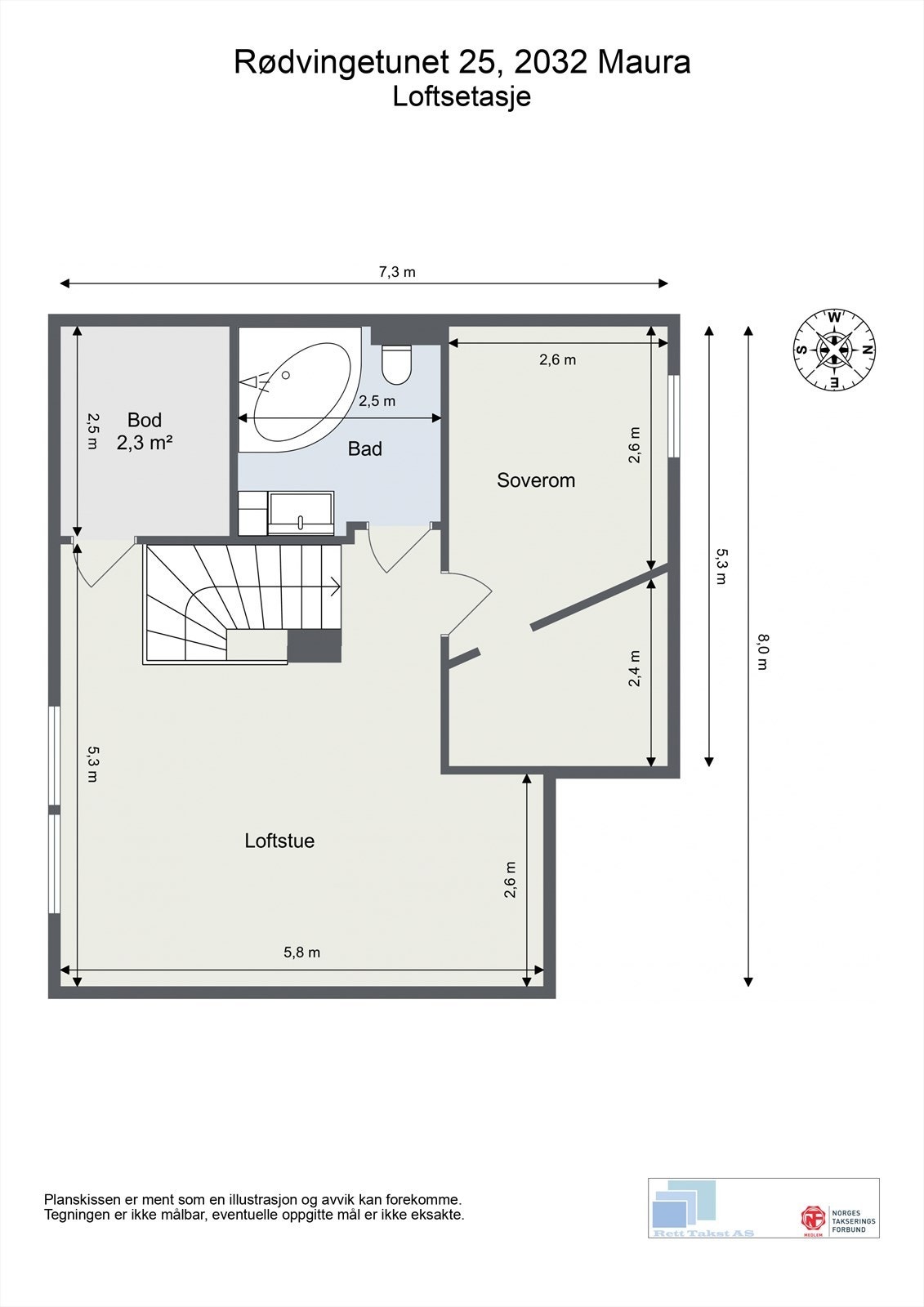 Loftet er godkjent som tilleggsdel og er innredet med et rom som i dag benyttes som soverom og tilhørende walk-in closet, samt baderom og loftstue. Galleribilde