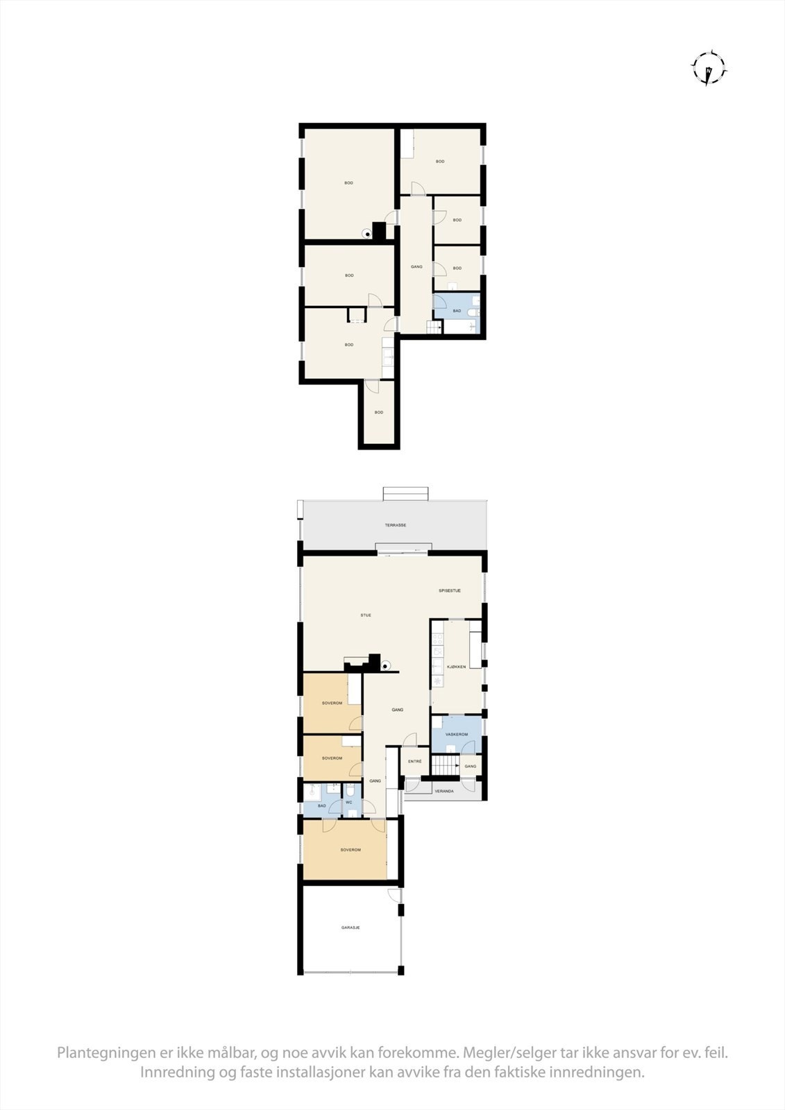 Eneboligen strekker seg over to plan og har en samlet BRA på 238 m², med en innholdsrik hovedetasje og kjeller. Galleribilde